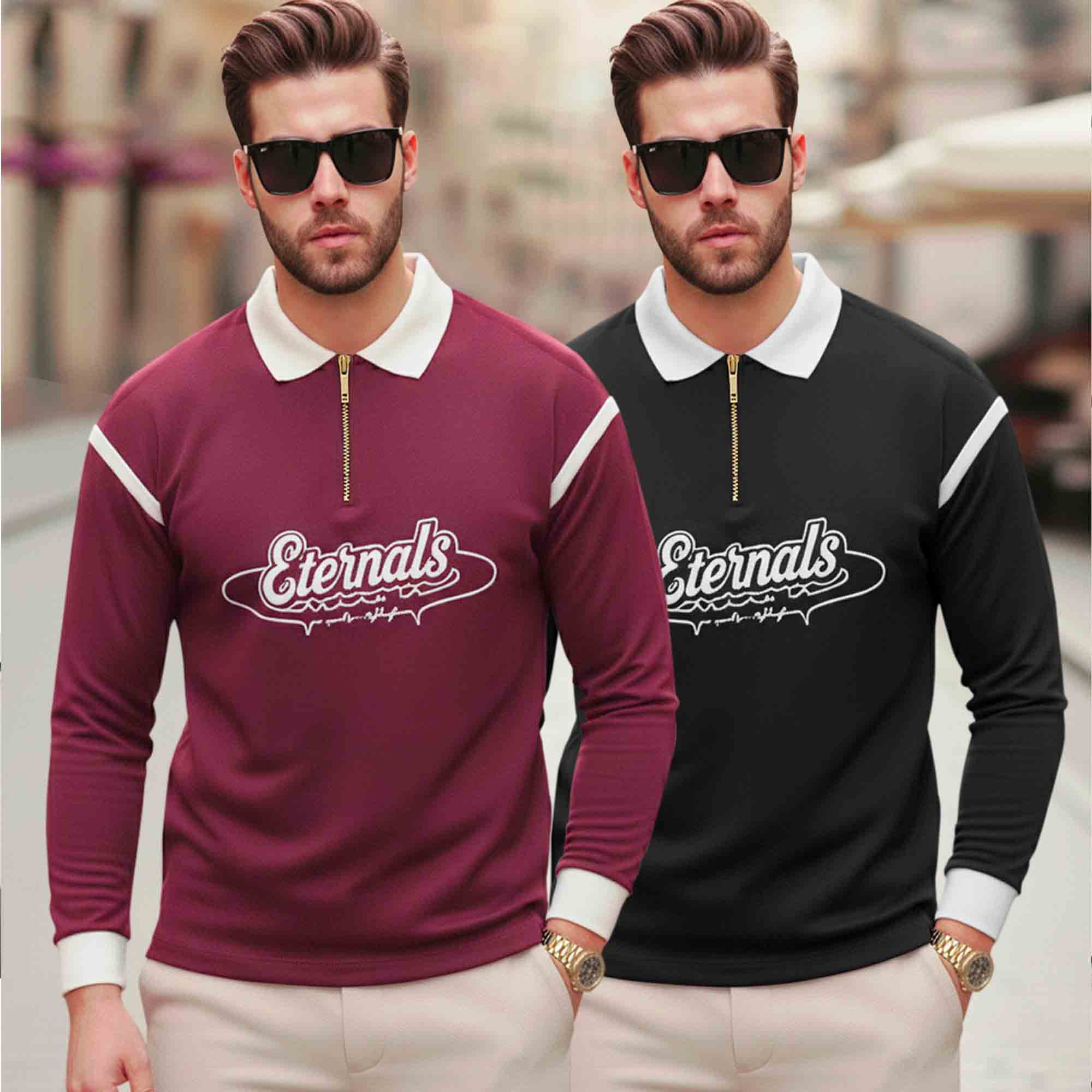 (Pack Of 2) Quarter Zip Polo Neck Vertical Striped Full Sleeve Combo Tshirts - 6 Variants