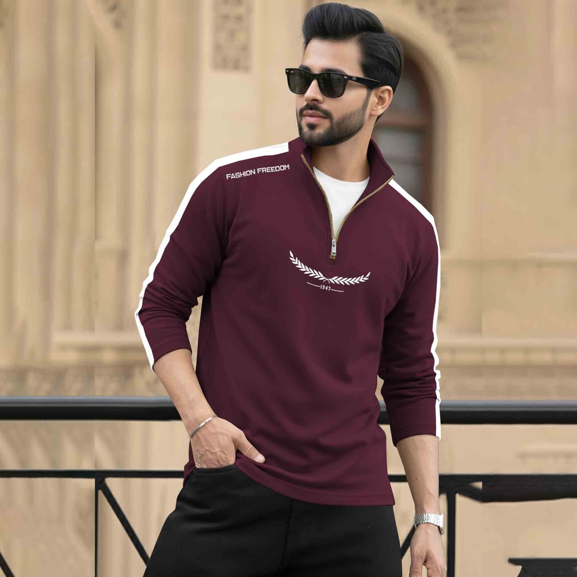 Men Full Sleeve Round Neck Cotton Blend Maroon-White T-shirt