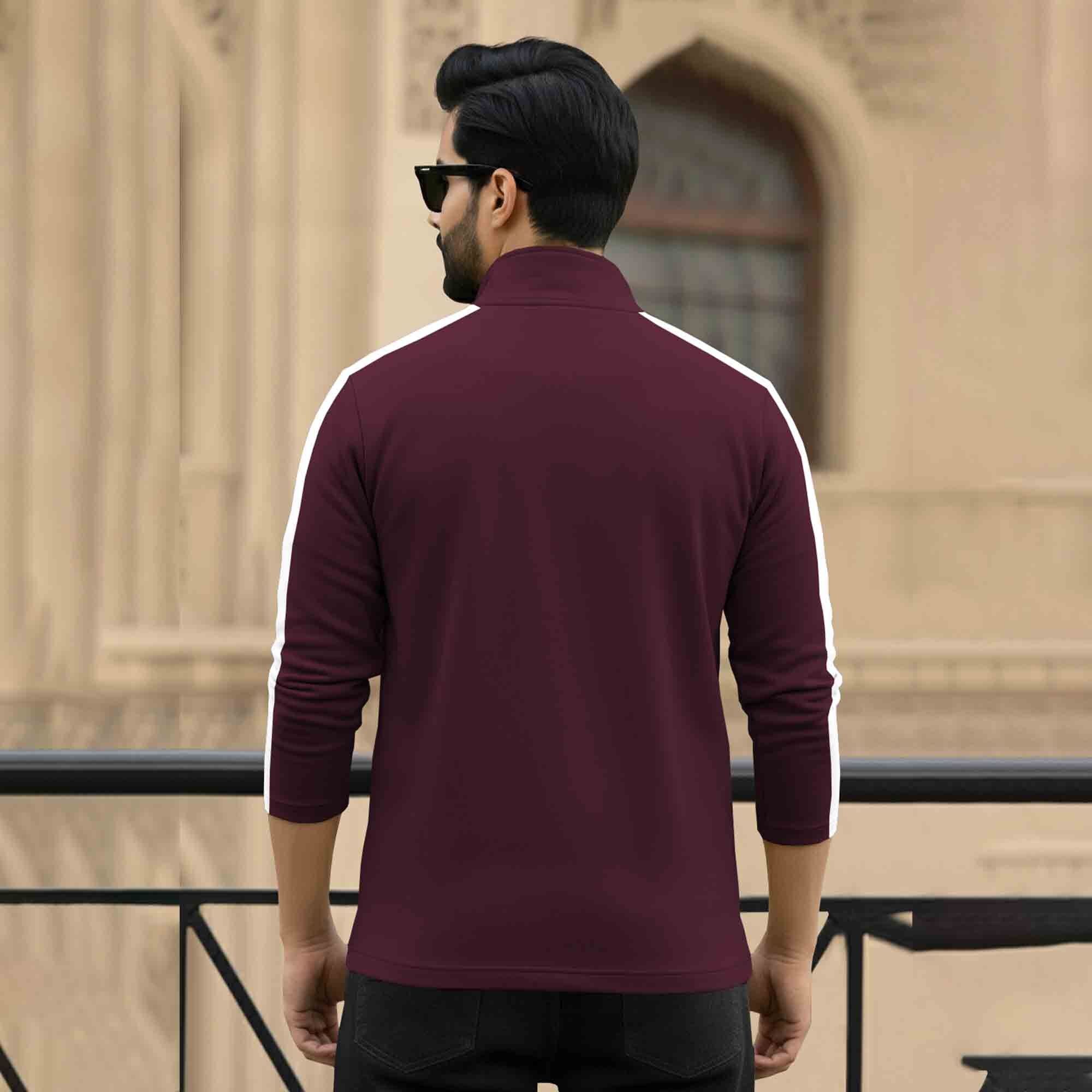 Men Full Sleeve Round Neck Cotton Blend Maroon-White T-shirt