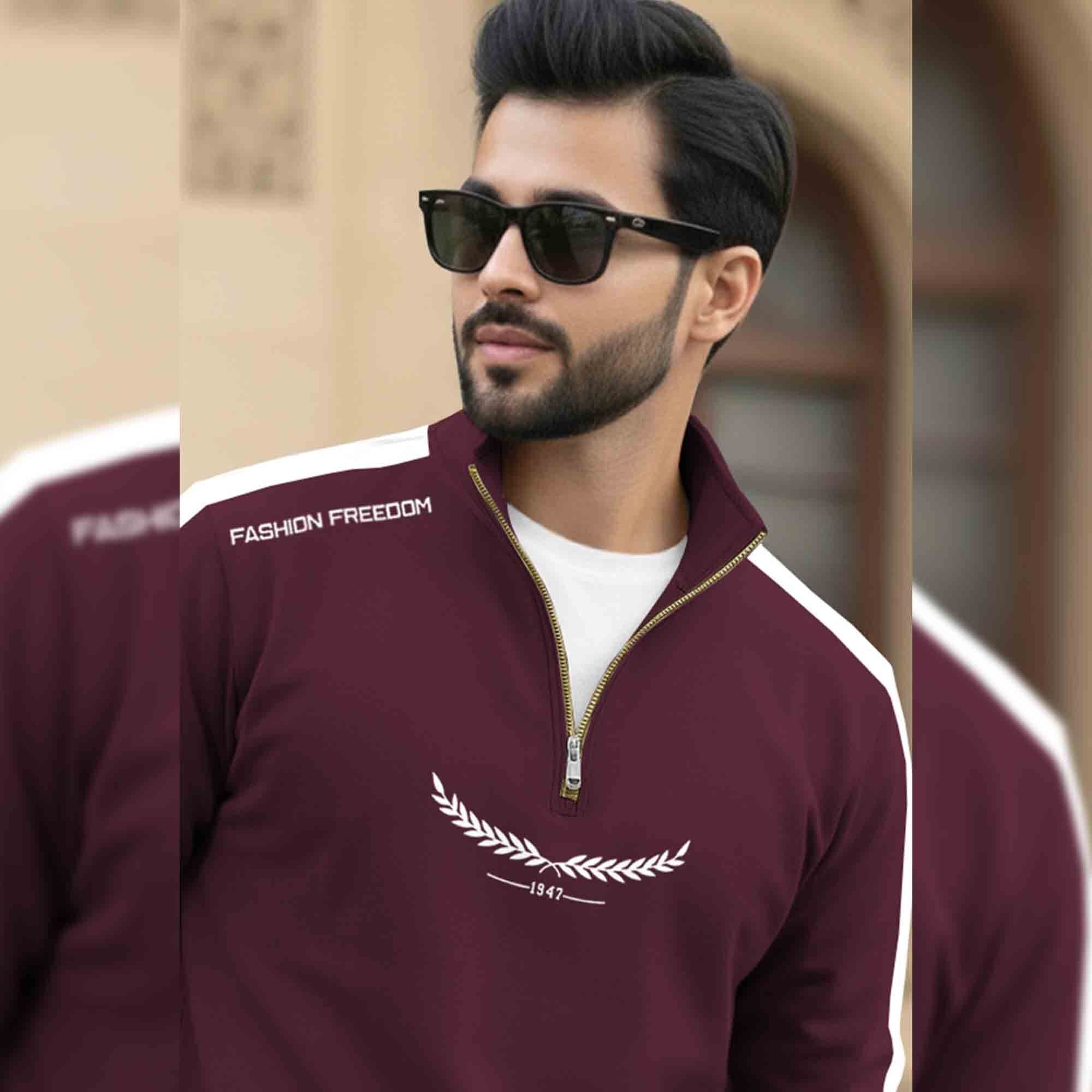 Men Full Sleeve Round Neck Cotton Blend Maroon-White T-shirt