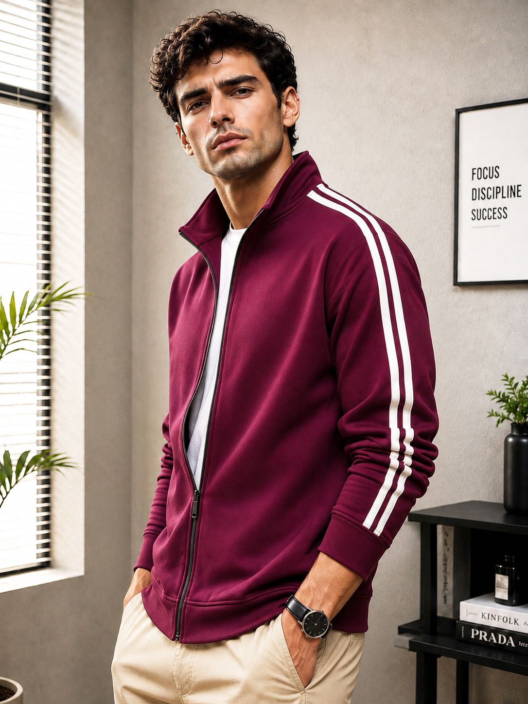 Mens Slim Fit High-Neck Winter Mroon Jacket with Side Stripes
