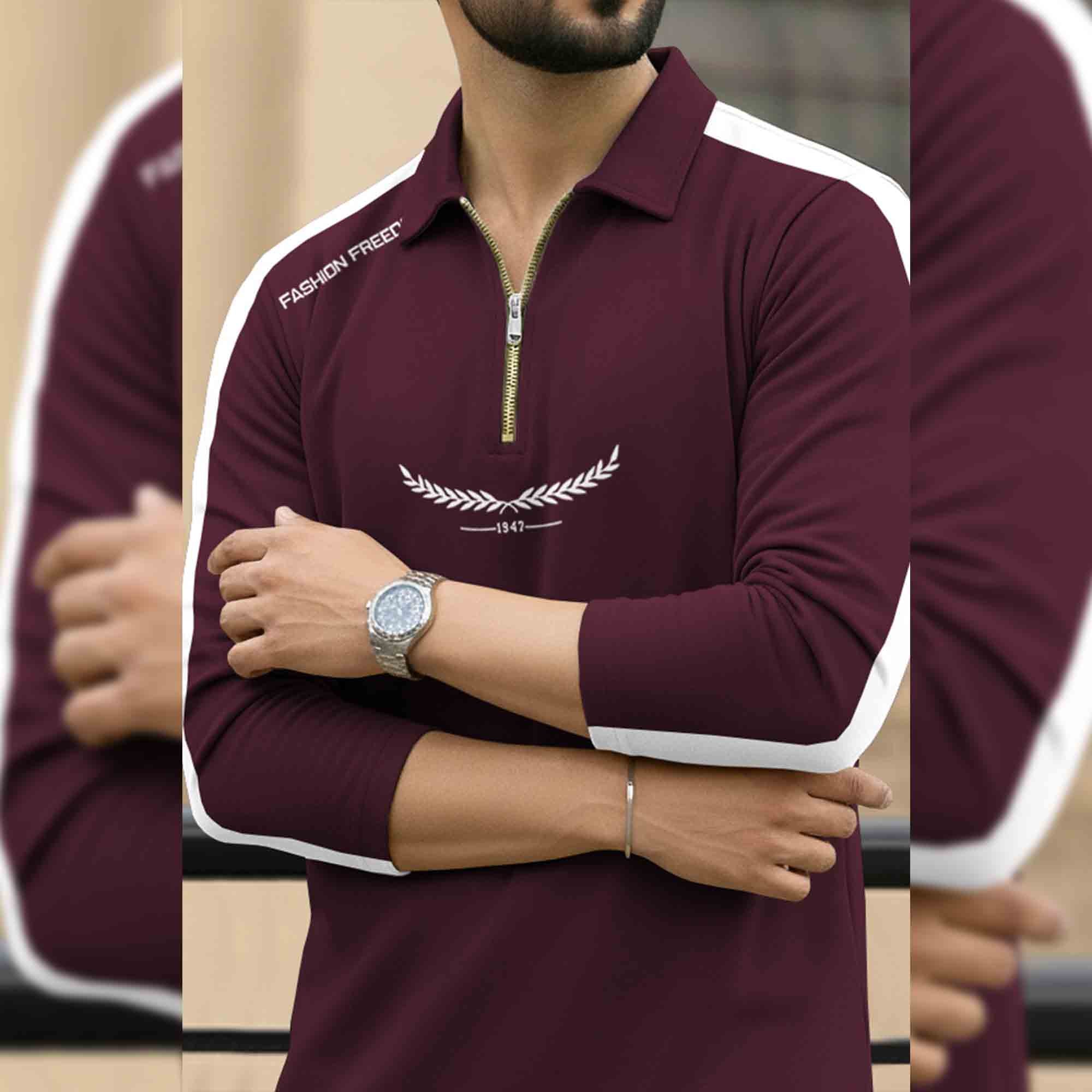 Men Quarter Zip Polo Neck Printed T-SHIRT Maroon & White