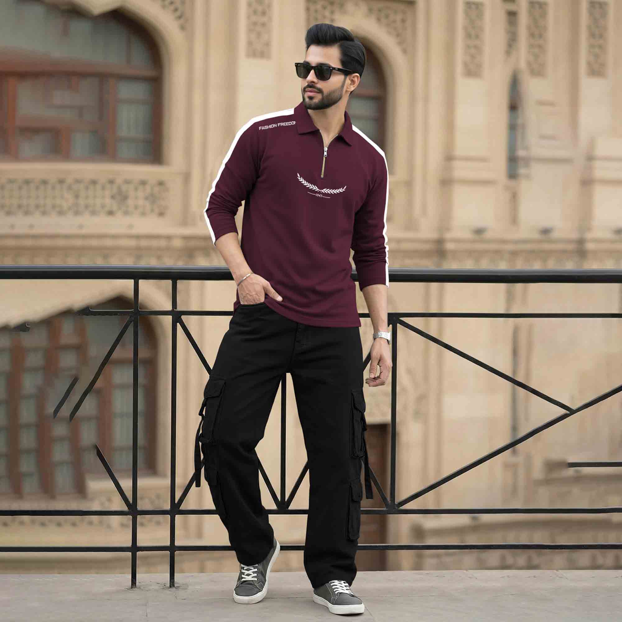 Men Quarter Zip Polo Neck Printed T-SHIRT Maroon & White