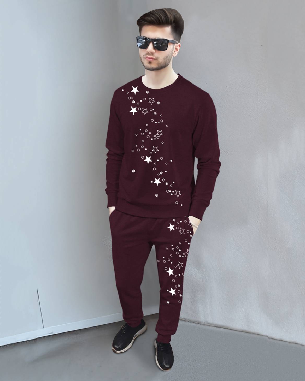 Tracksuit Full Sleeve Star Printed Maroon T-shirt / Maroon Printed Trackpant