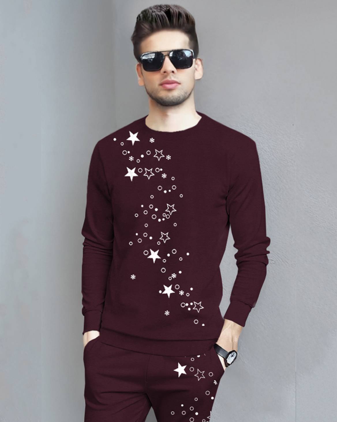Tracksuit Full Sleeve Star Printed Maroon T-shirt / Maroon Printed Trackpant