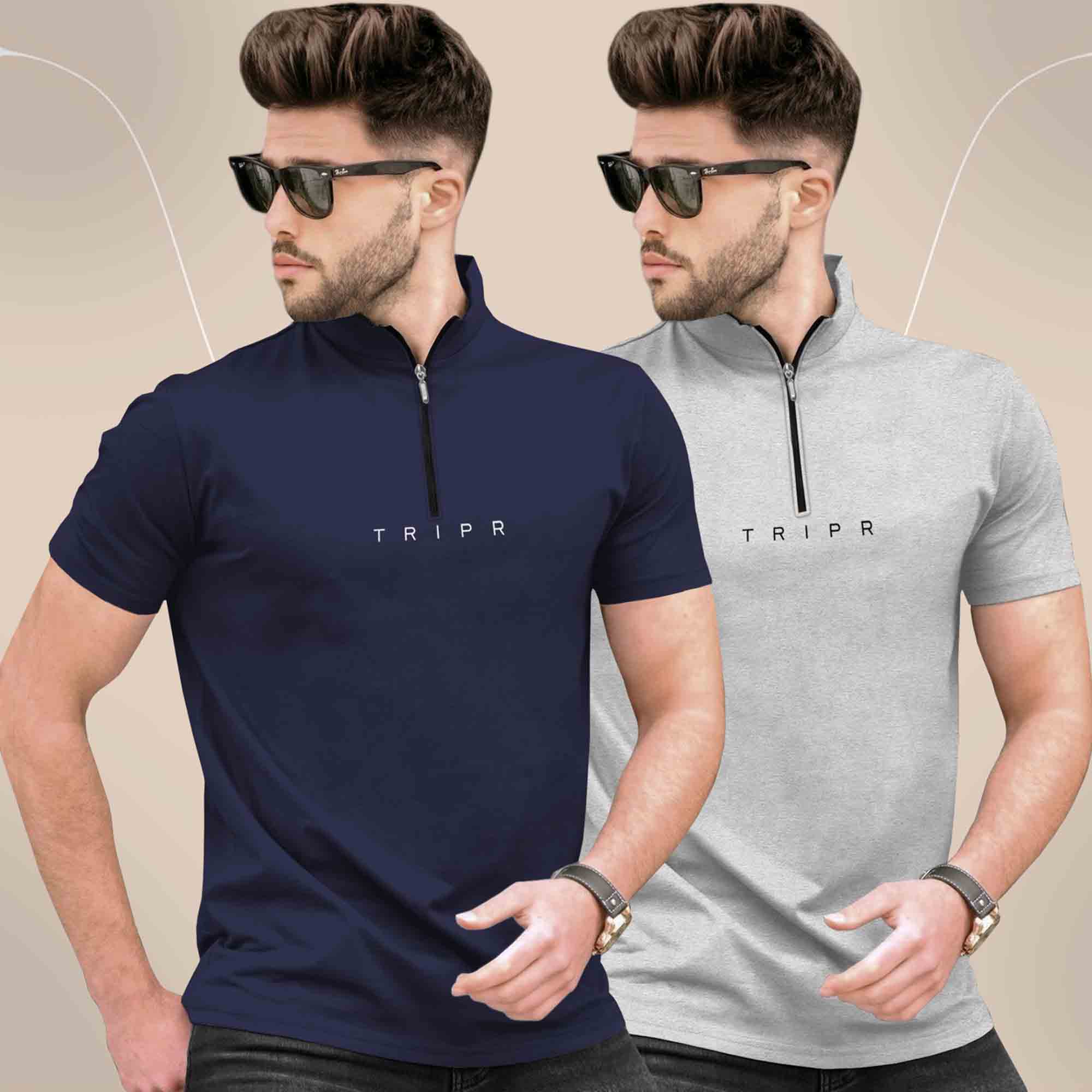 Pack Of 2 High Neck Logo Printed Half Sleeve Combo T-shirts - 13 Variants