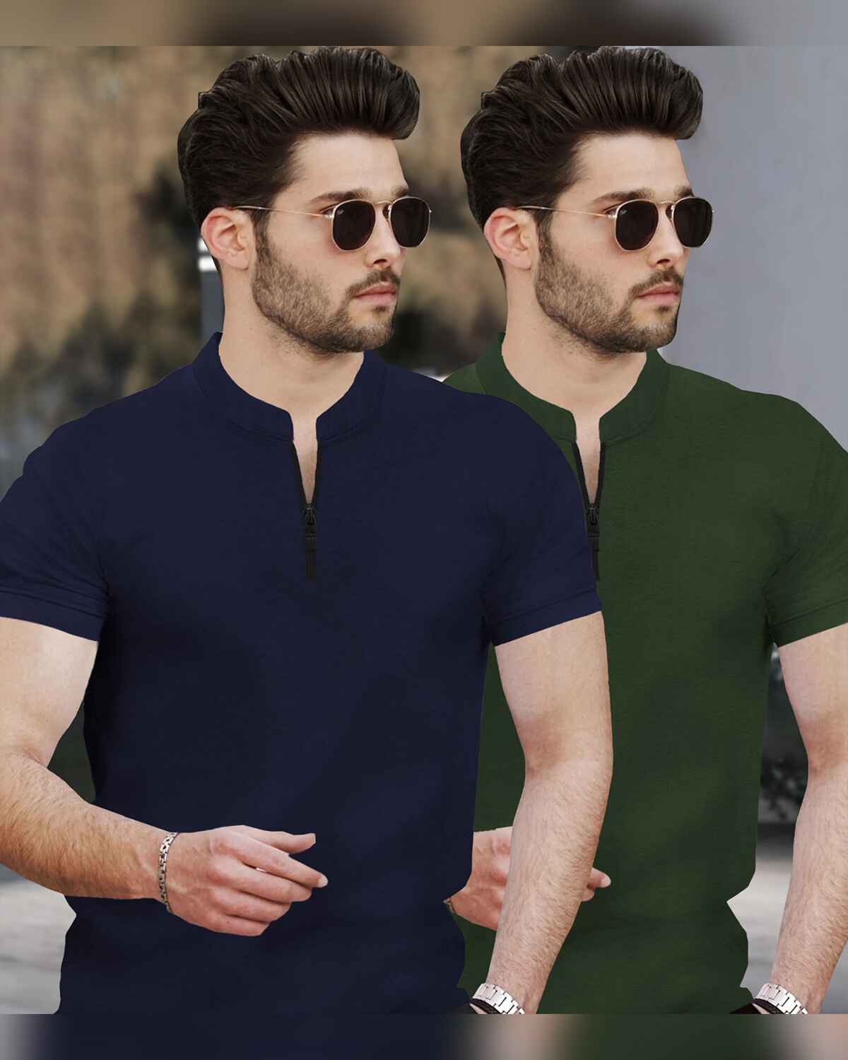 (Pack Of 2) Half Sleeve Men Henley Neck T-shirts / Olive & Green