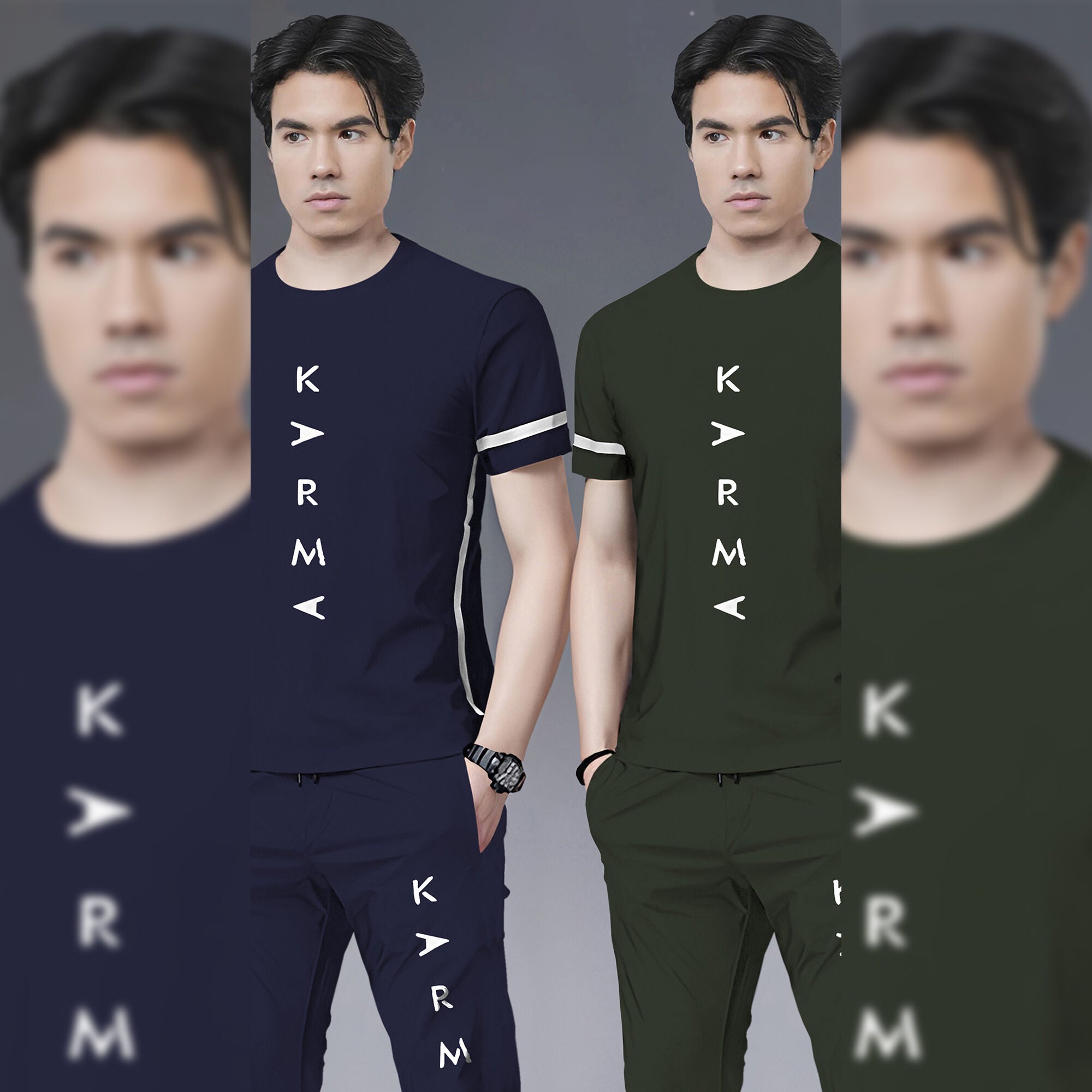 (Pack Of 2) Half Sleeve Printed Tracksuit Navy & Olivegreen