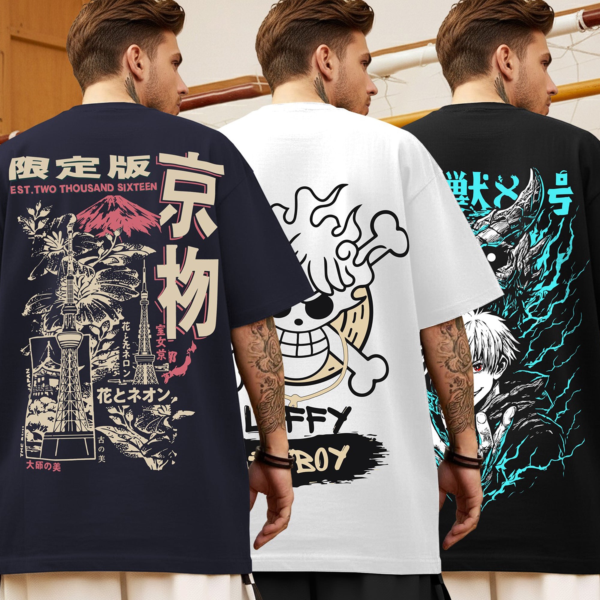 (Pack Of 3) Mens Oversized Graphic Design Back Printed T-Shirts