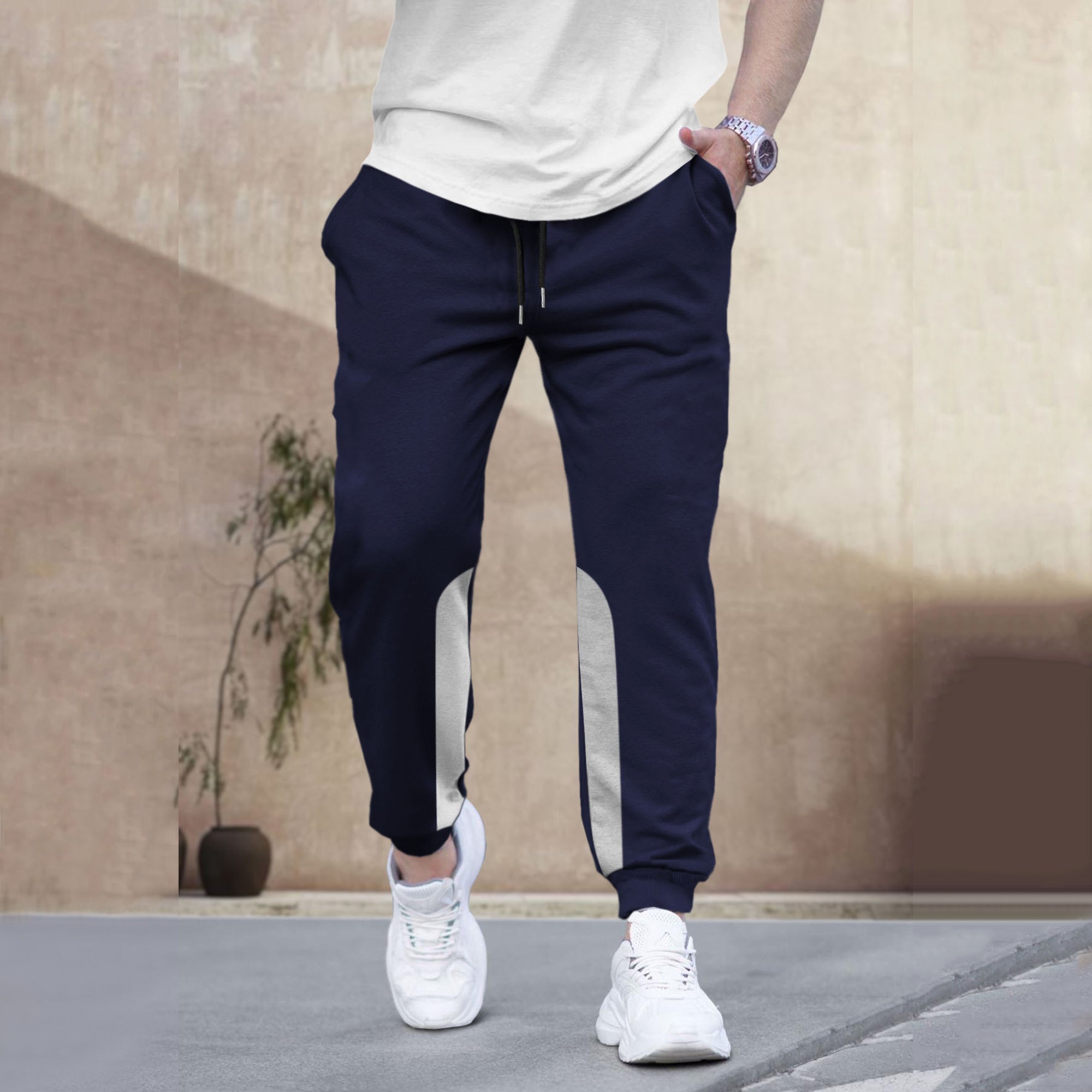 Men Plain Ankle Fit Cuffed Navy Blue Jogger - Main Image