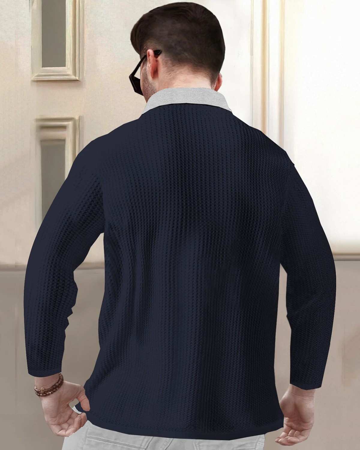 Polo Collar Navyblue & Grey Contrast Waffle Textured Full Sleeve T-shirt