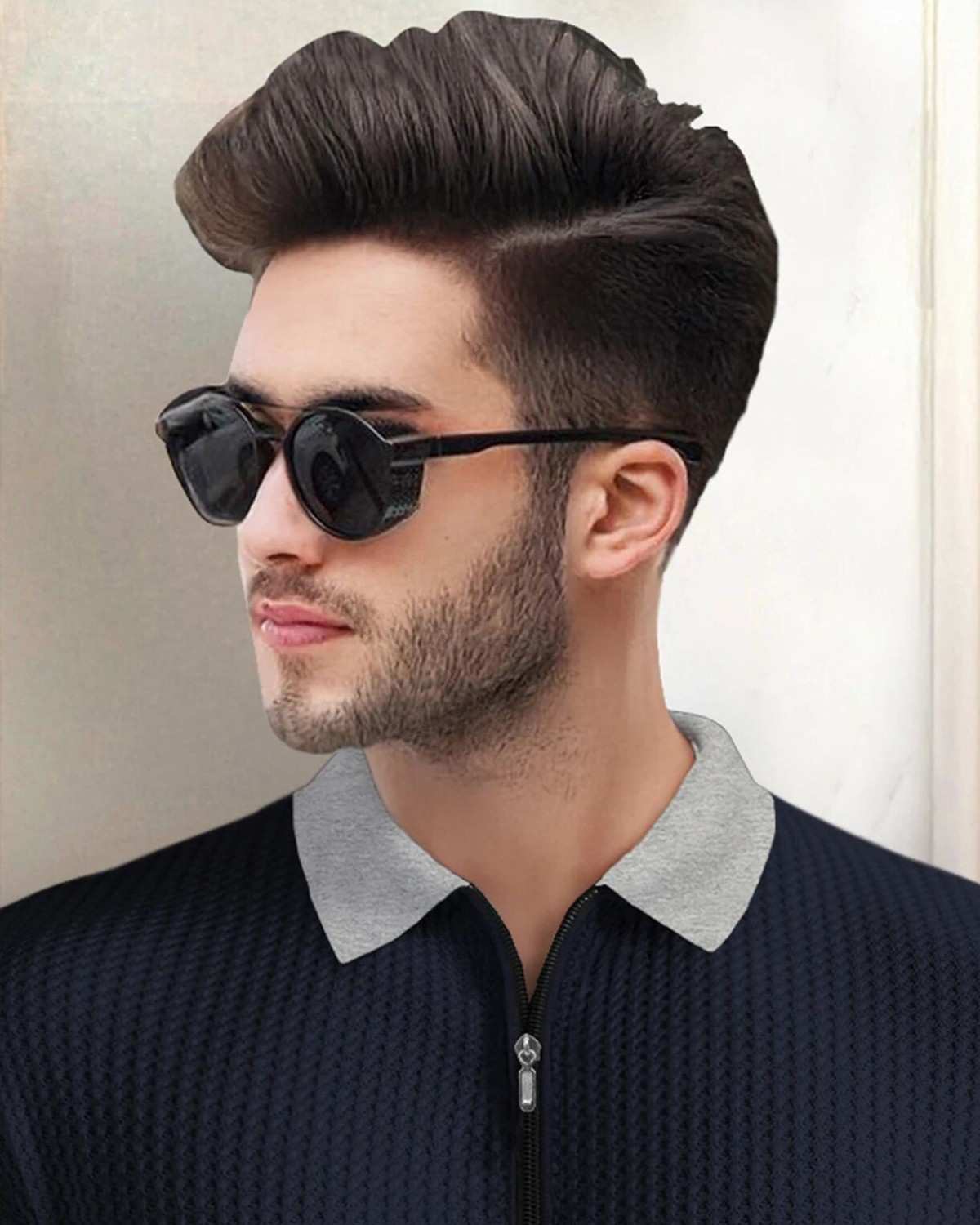 Polo Collar Navyblue & Grey Contrast Waffle Textured Full Sleeve T-shirt