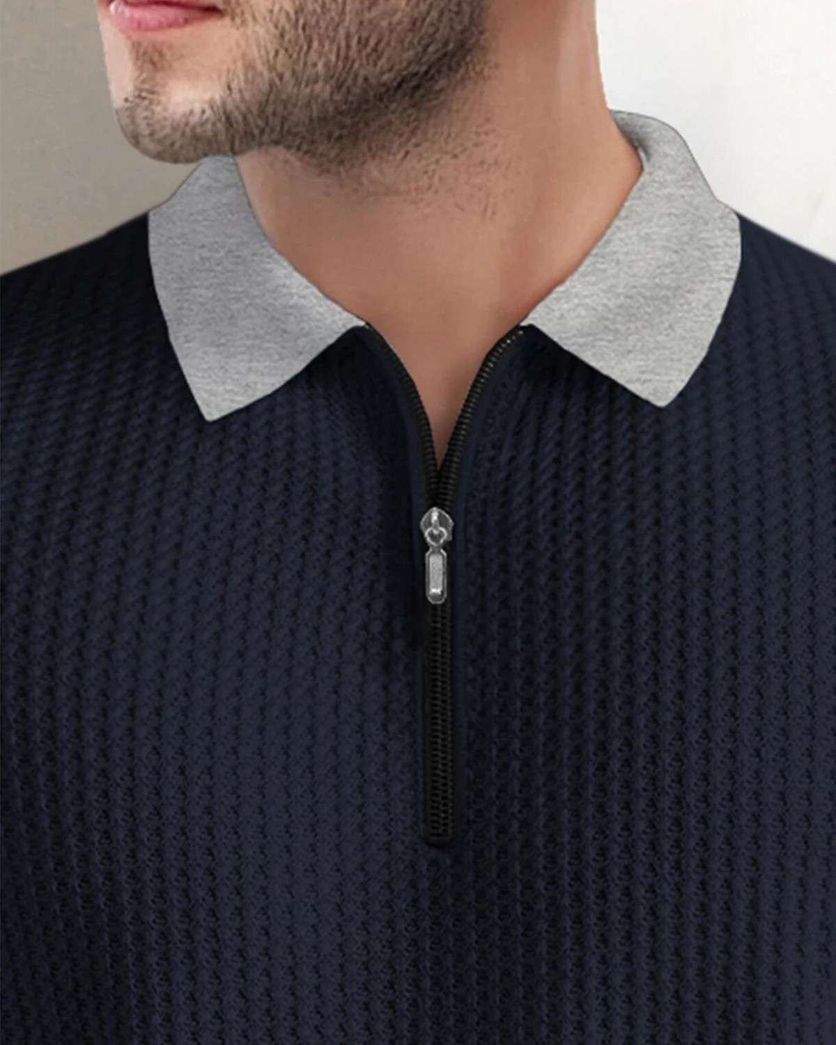 Polo Collar Navyblue & Grey Contrast Waffle Textured Full Sleeve T-shirt