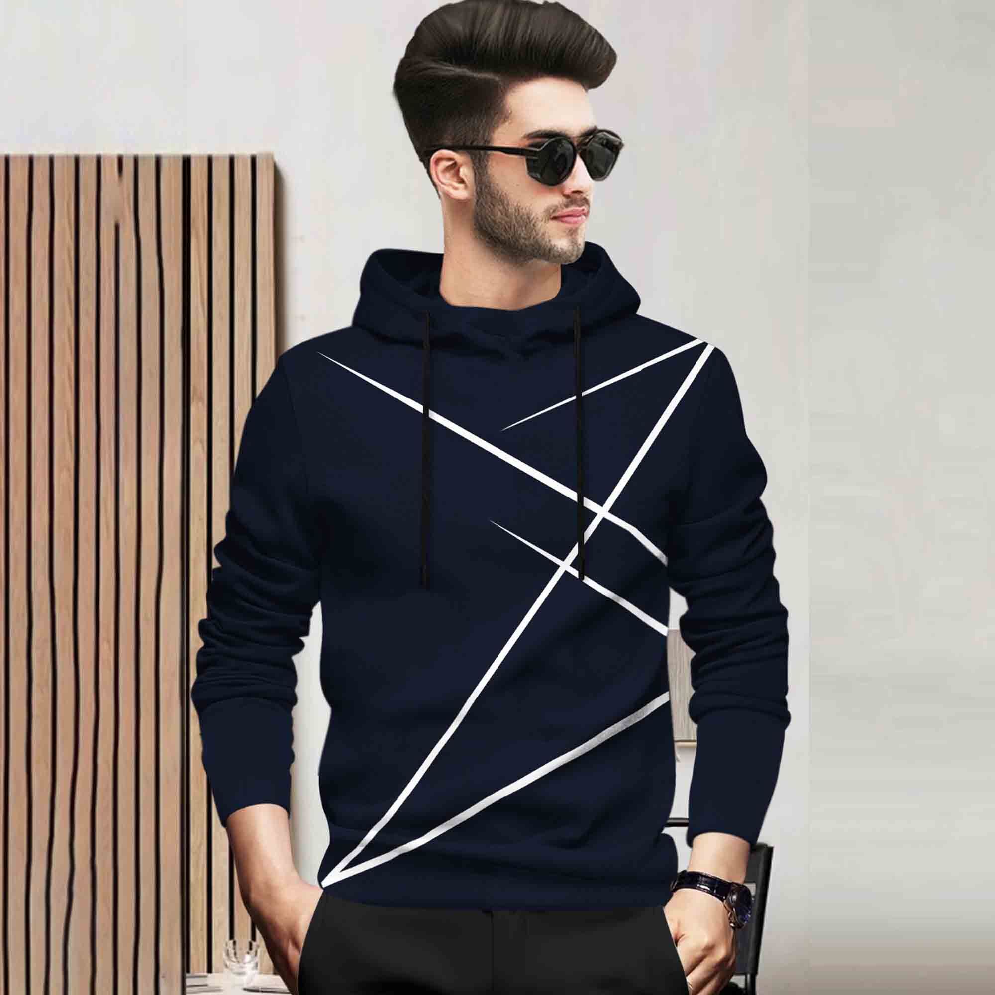 Men Full Sleeve Zig Zag Printed Hooded Navyblue T-shirt