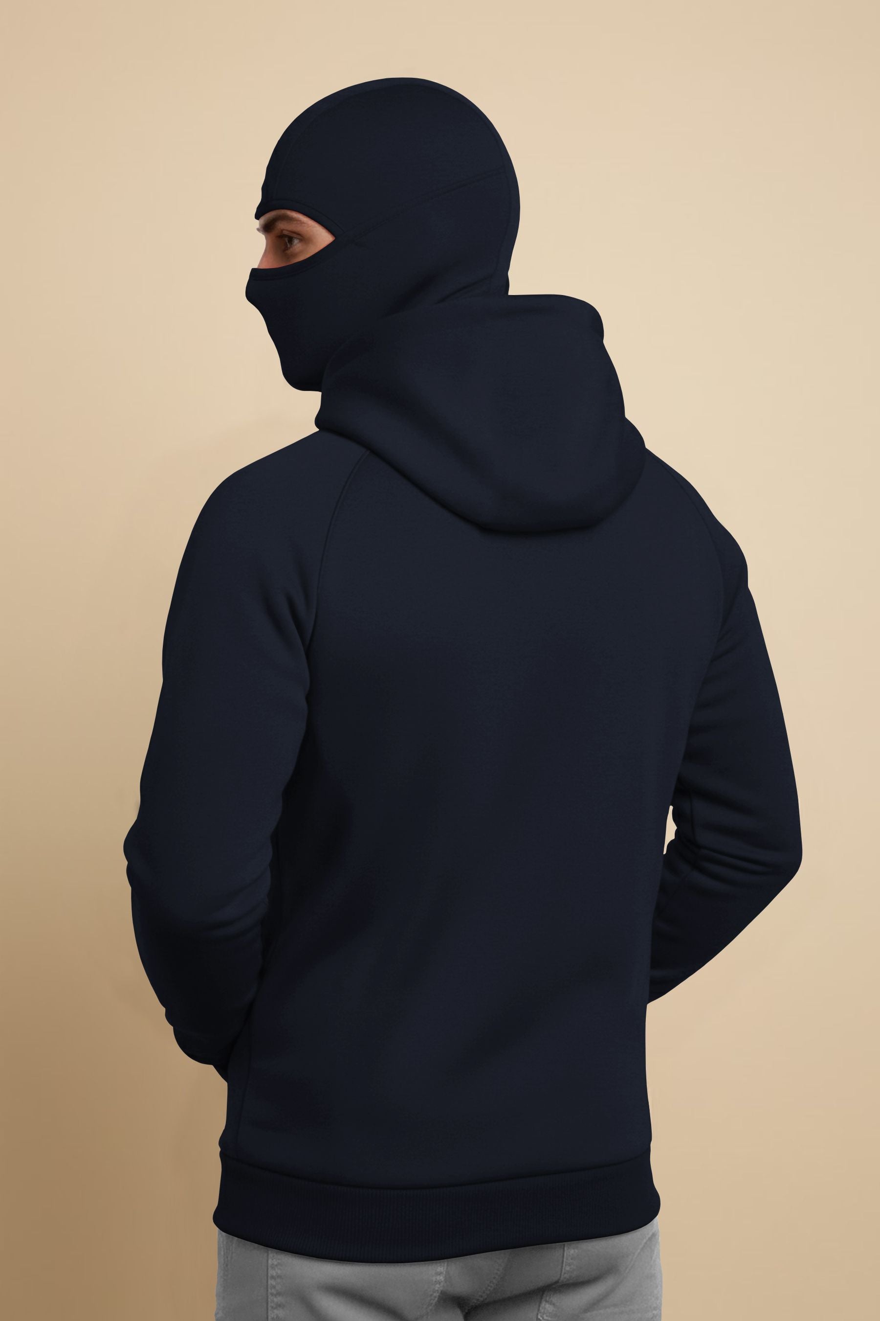 Mens Winter Full Mask Warm Zip-Up Hooded Jacket Navyblue