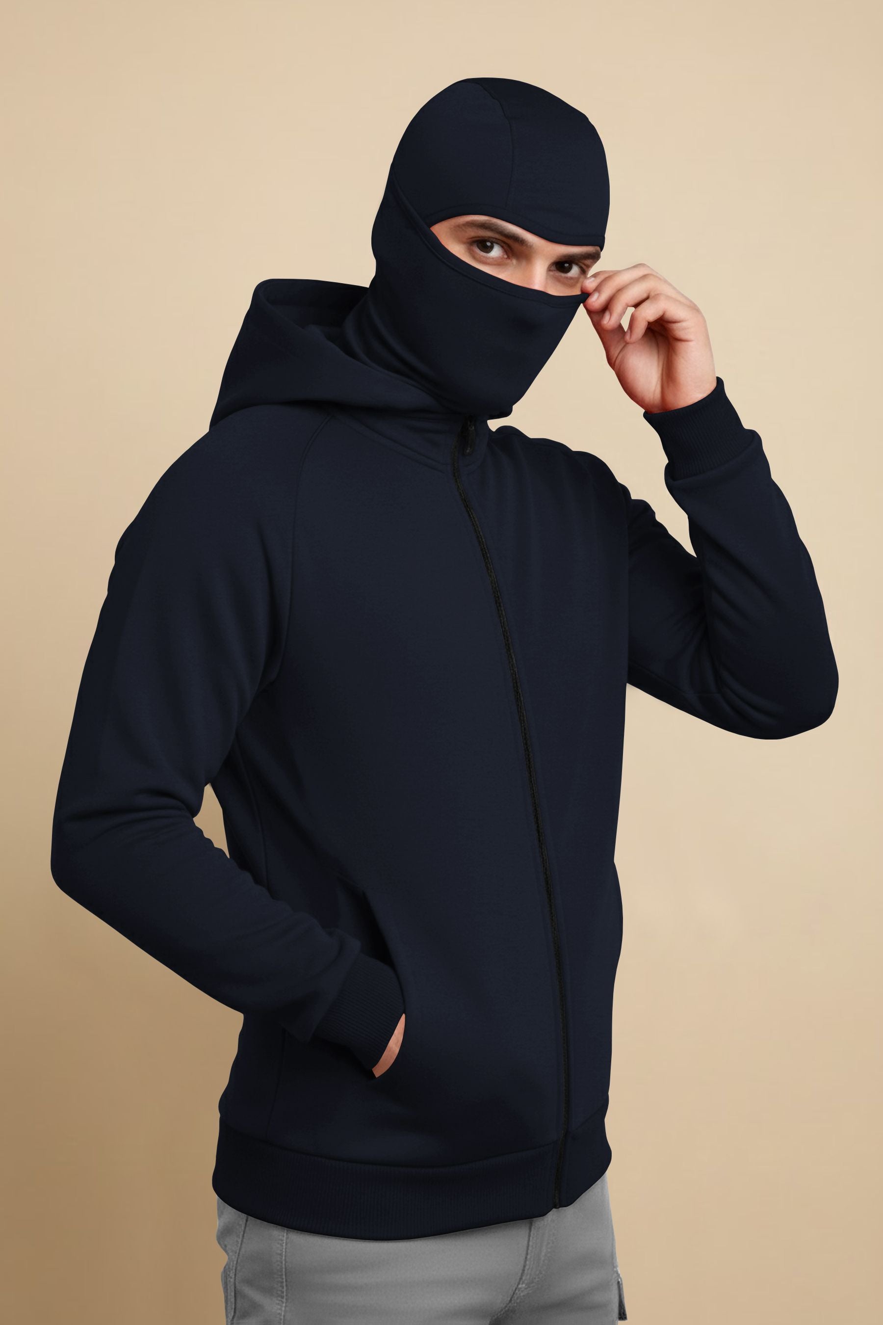 Mens Winter Full Mask Warm Zip-Up Hooded Jacket Navyblue