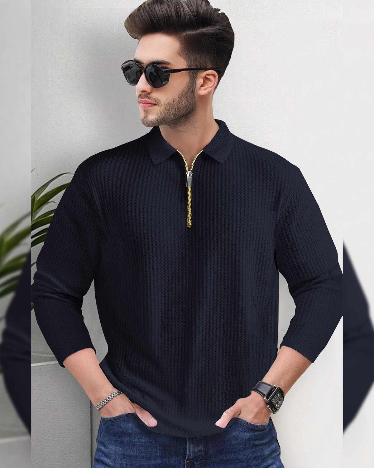 Men Textured Full Sleeve Plain Navy Blue Waffle T-shirt