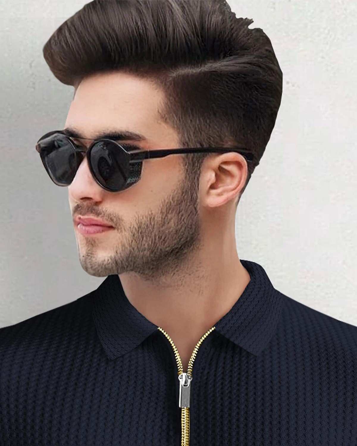 Men Textured Full Sleeve Plain Navy Blue Waffle T-shirt