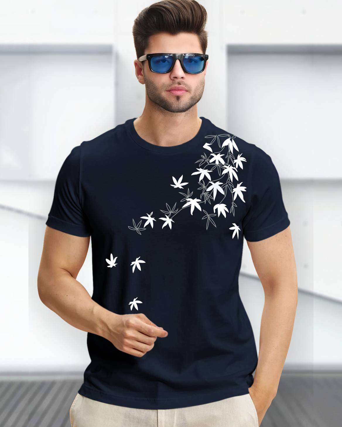 Feather Printed Half Sleeve Navy Blue Round Neck Mens T-shirt