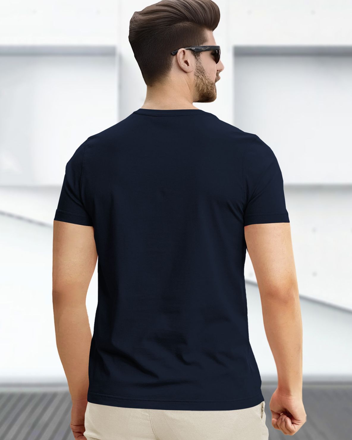 Feather Printed Half Sleeve Navy Blue Round Neck Mens T-shirt