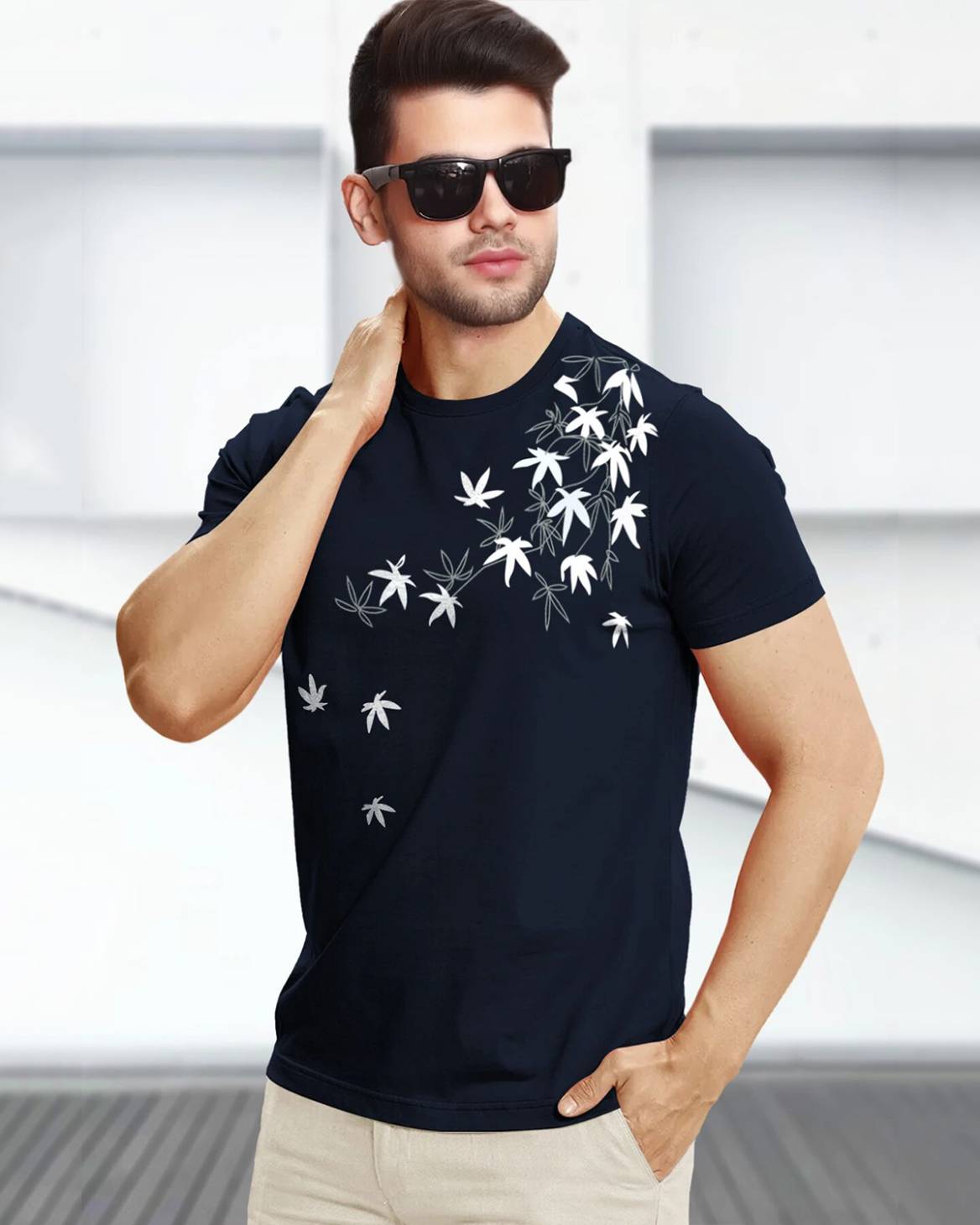 Feather Printed Half Sleeve Navy Blue Round Neck Mens T-shirt