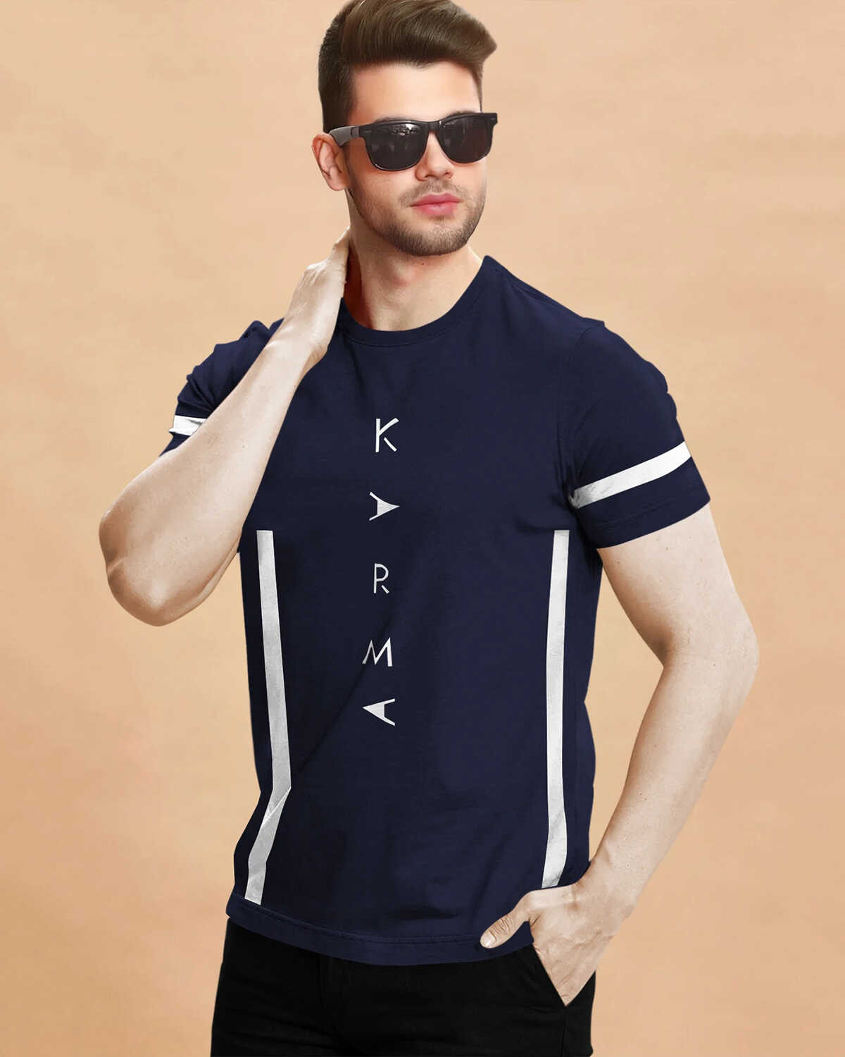 Men Printed Half Sleeve Round Neck Navyblue Cotton Blend T-Shirt