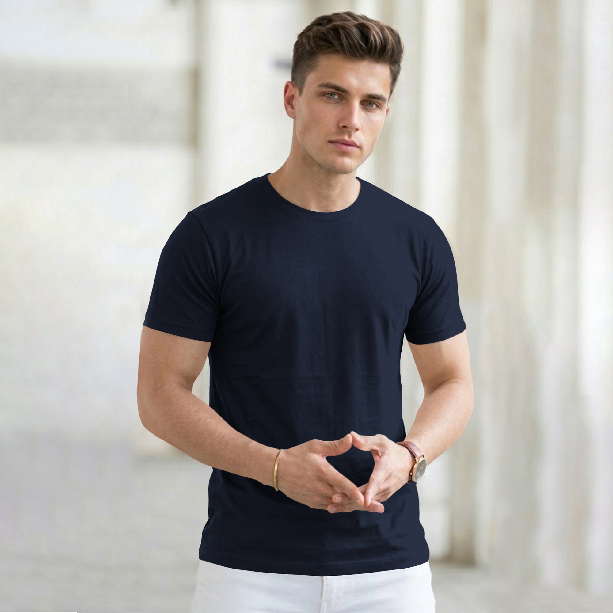 Pack Of 1) Men Half Sleeve Round Neck Plain Navy Blue T-shirt – TRIPR