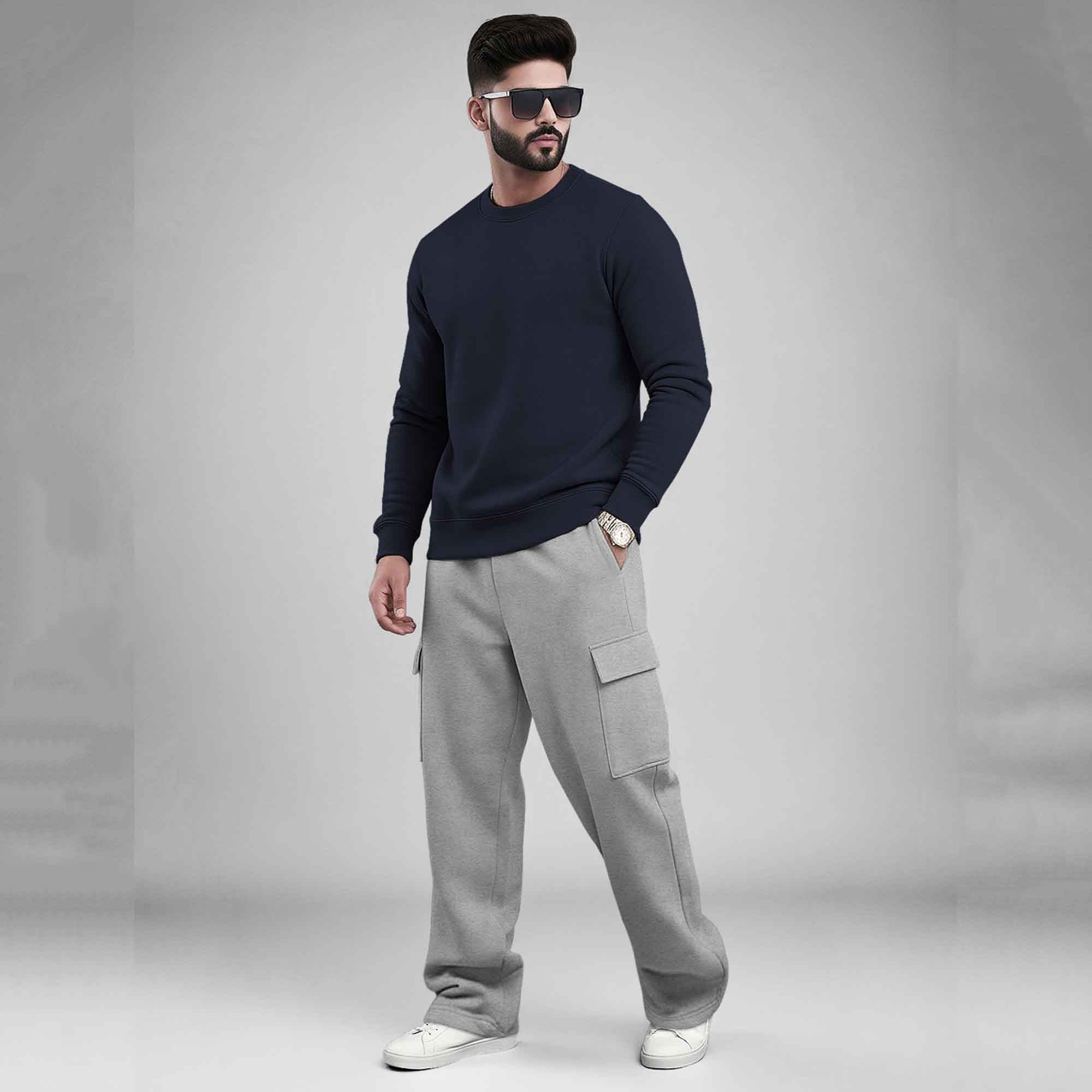 Round Neck Sweatshirt and Baggy Cargo Matching Outfits