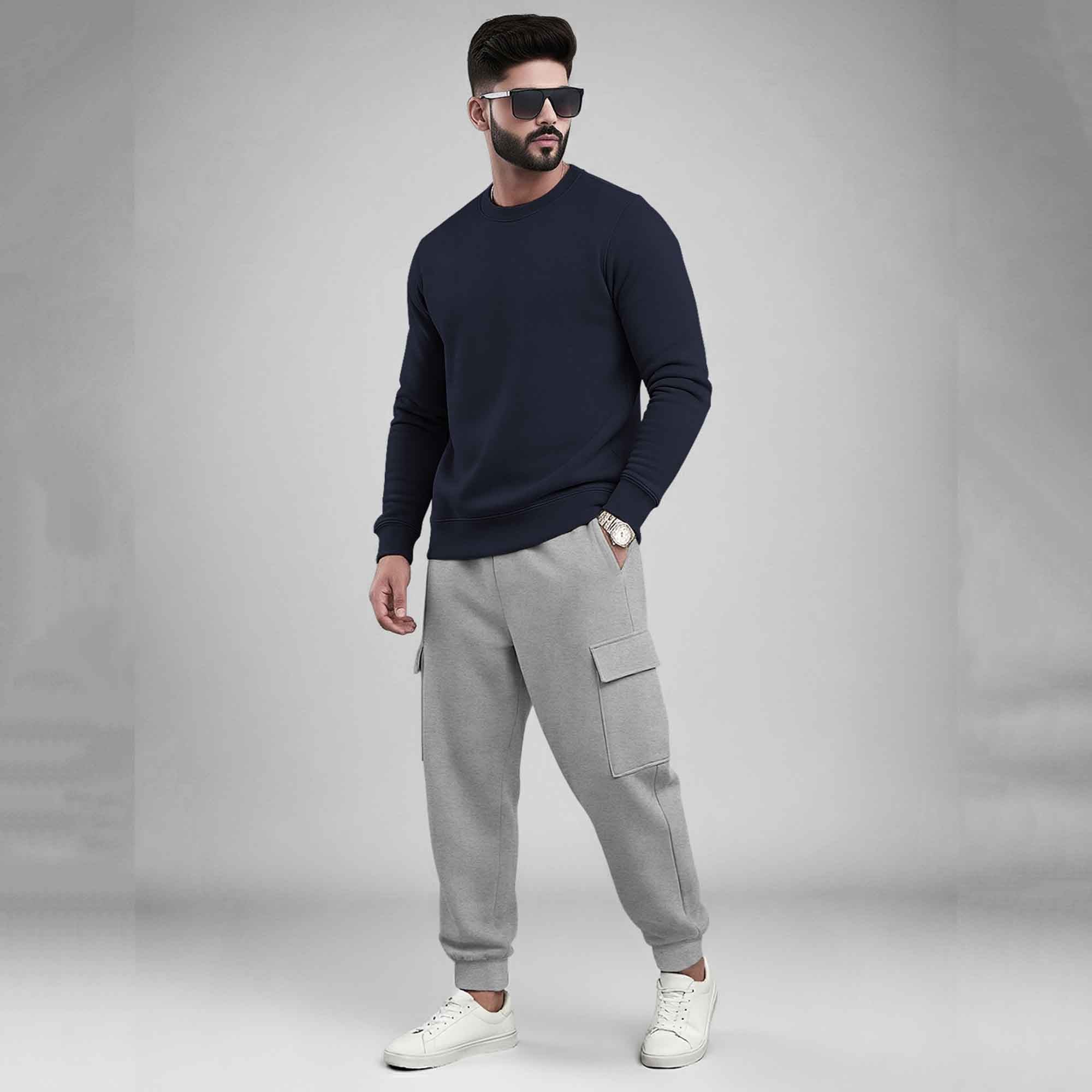 Men's Plain Round Neck Sweatshirts and Cargo Joggers Outfit Sets