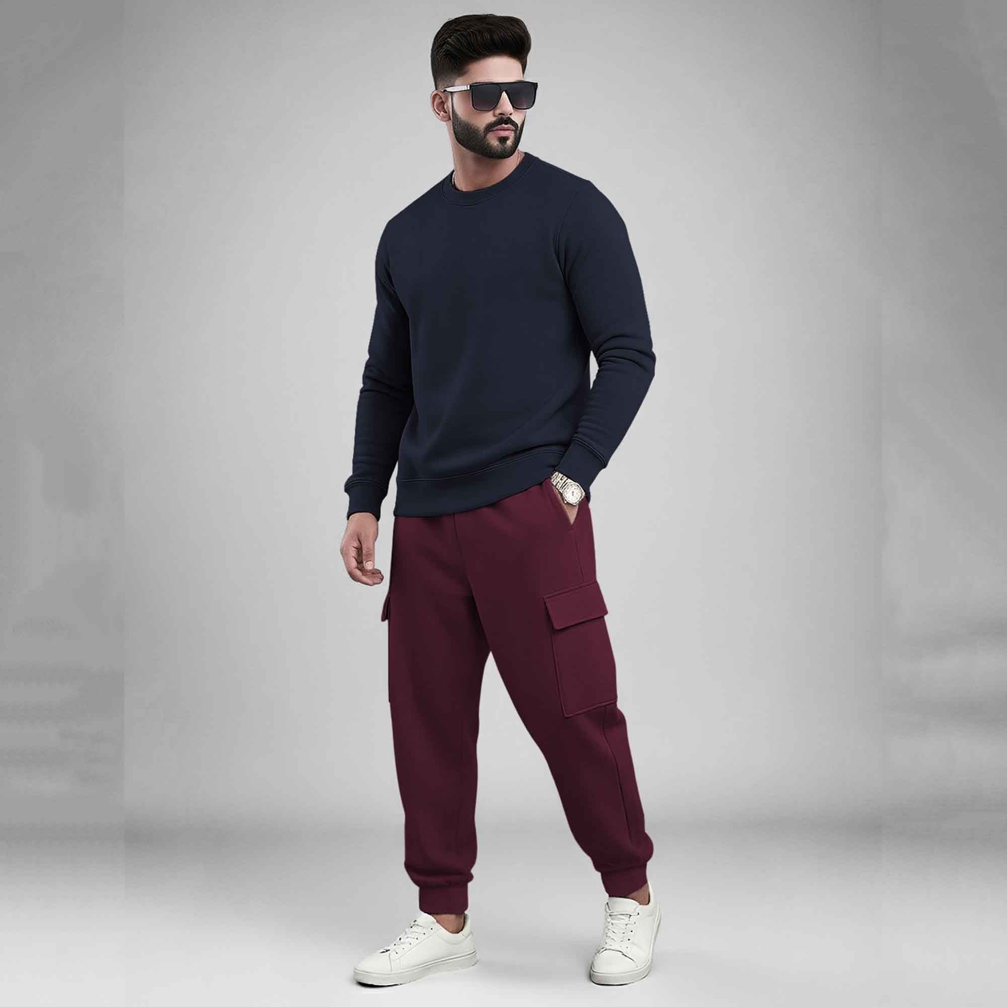 Men's Plain Round Neck Sweatshirts and Cargo Joggers Outfit Sets