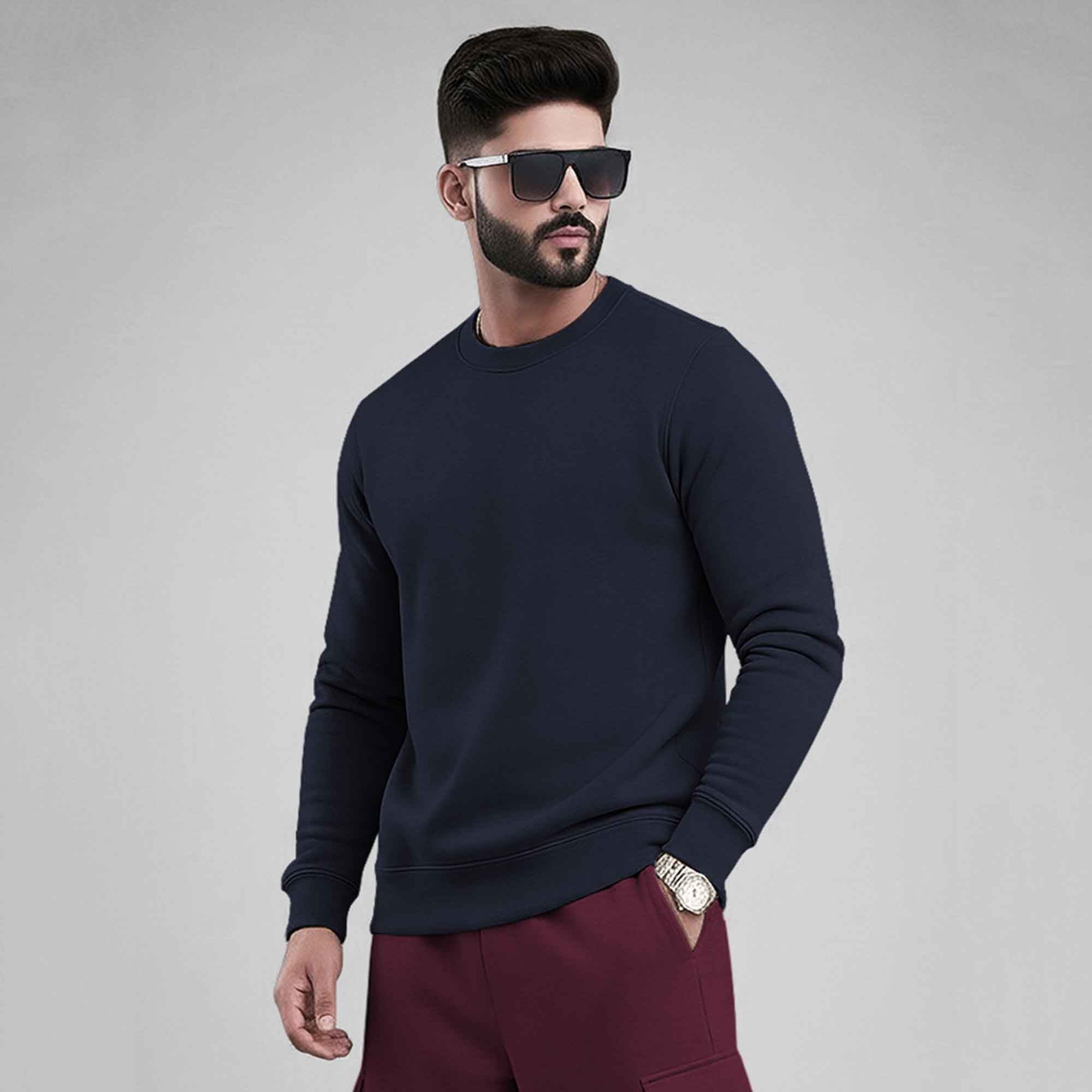 Navyblue Plain Round Neck Sweatshirt and Cargo Jogger Tracksuit