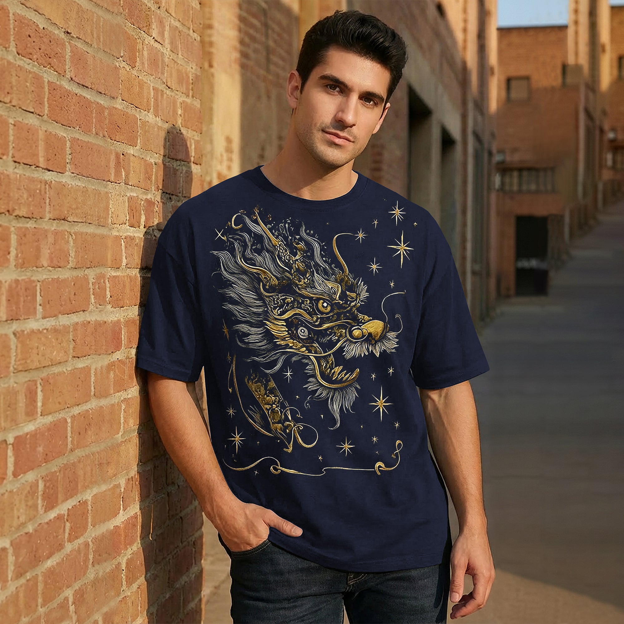 Japanese Dragon Printed Oversized Navyblue Tshirt