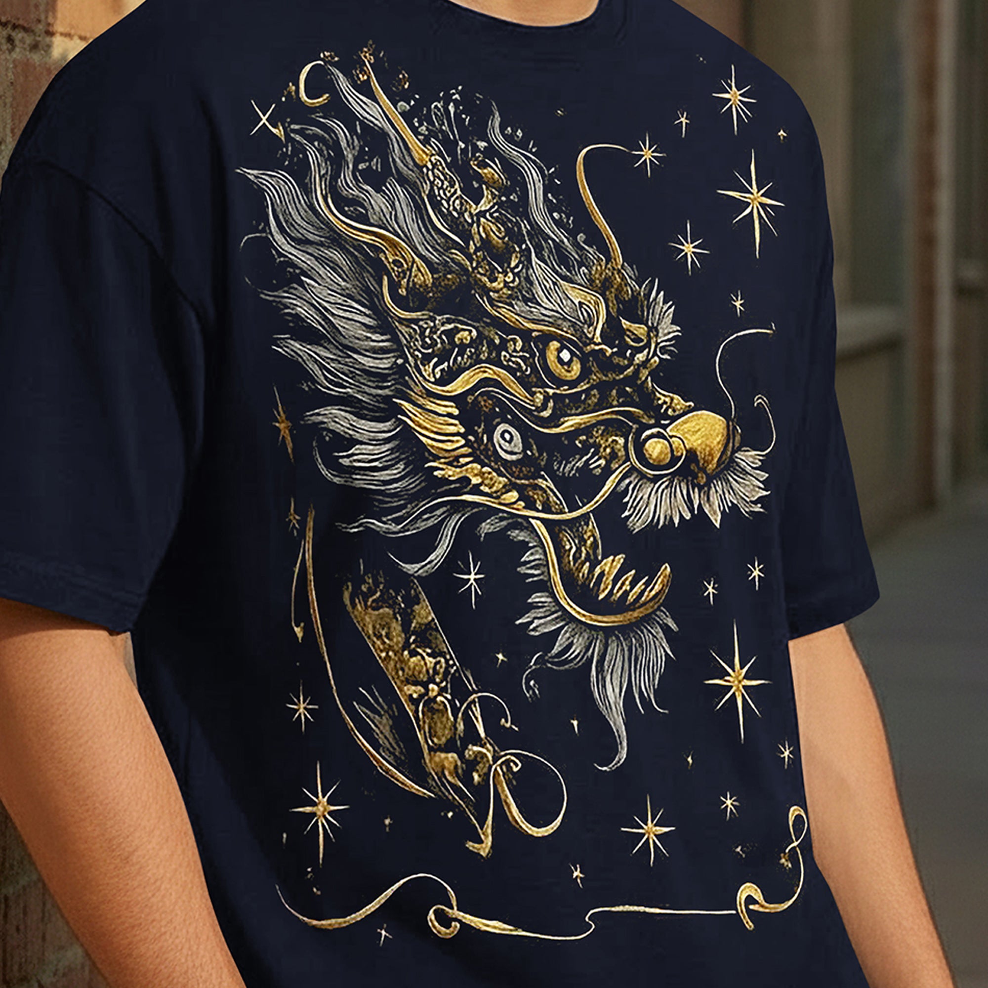 Japanese Dragon Printed Oversized Navyblue Tshirt