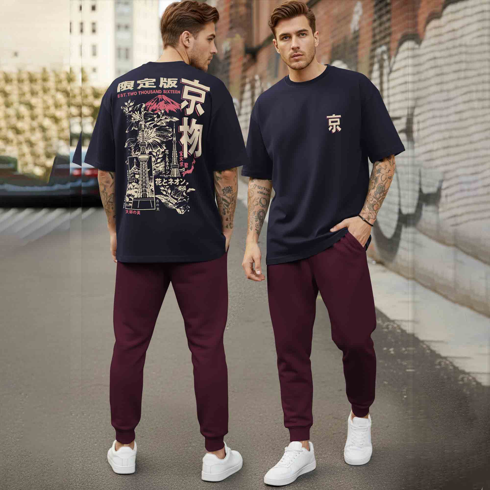 Oversized Back Printed Tshirts Plain Matching Trackpants Outfit Sets