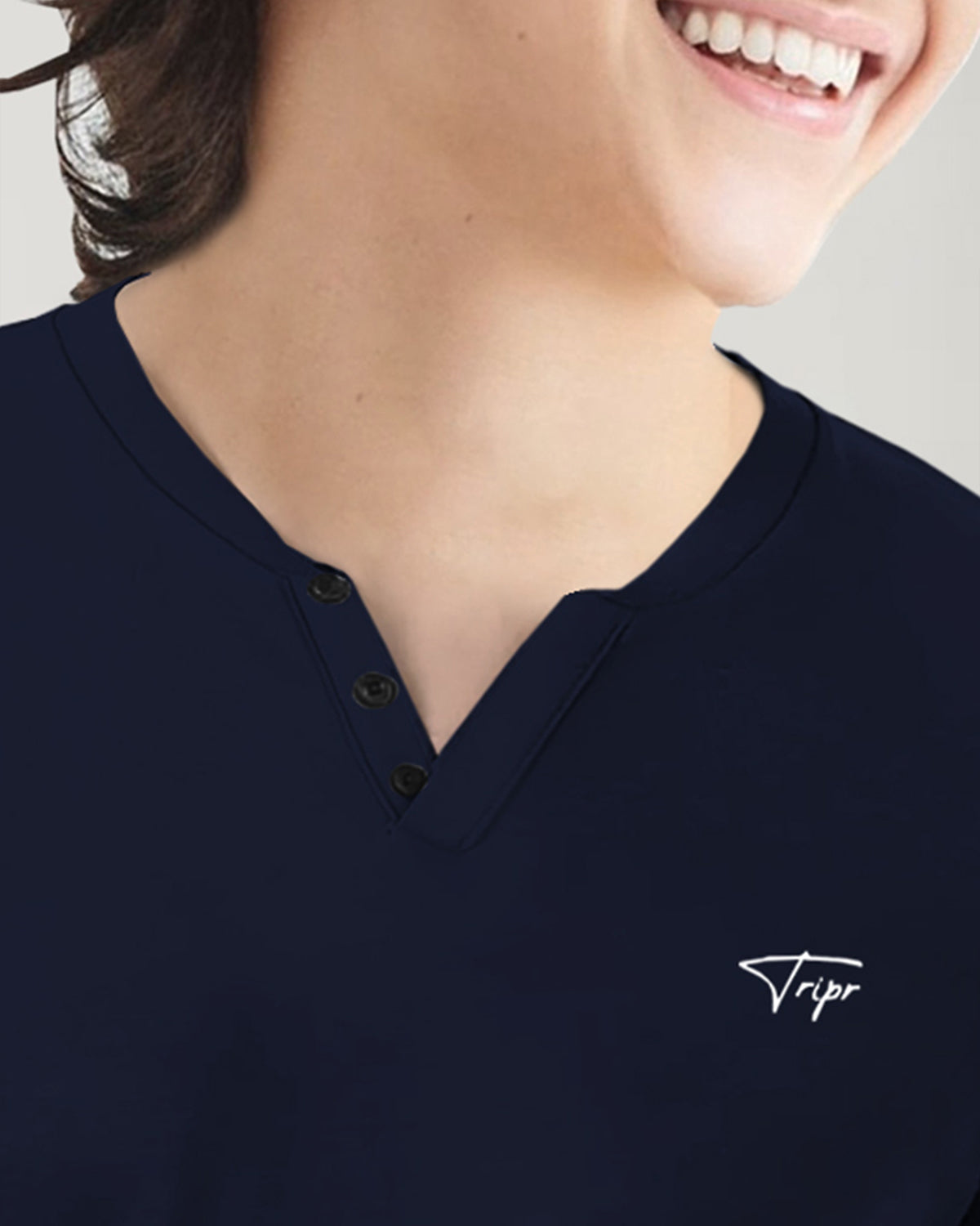 Boys Solid V Neck Cotton Blend Navy Blue T-Shirt