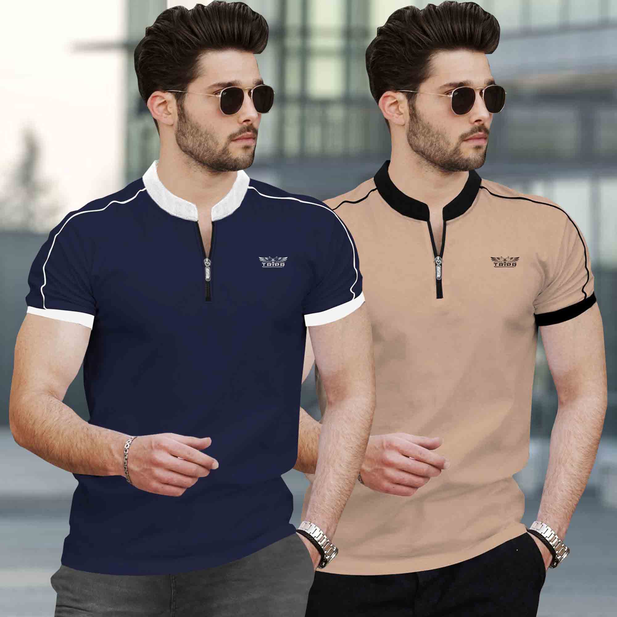 Mandarin Neck Half Sleeve Multicolor (Pack Of 2) T-shirts-12 Variants