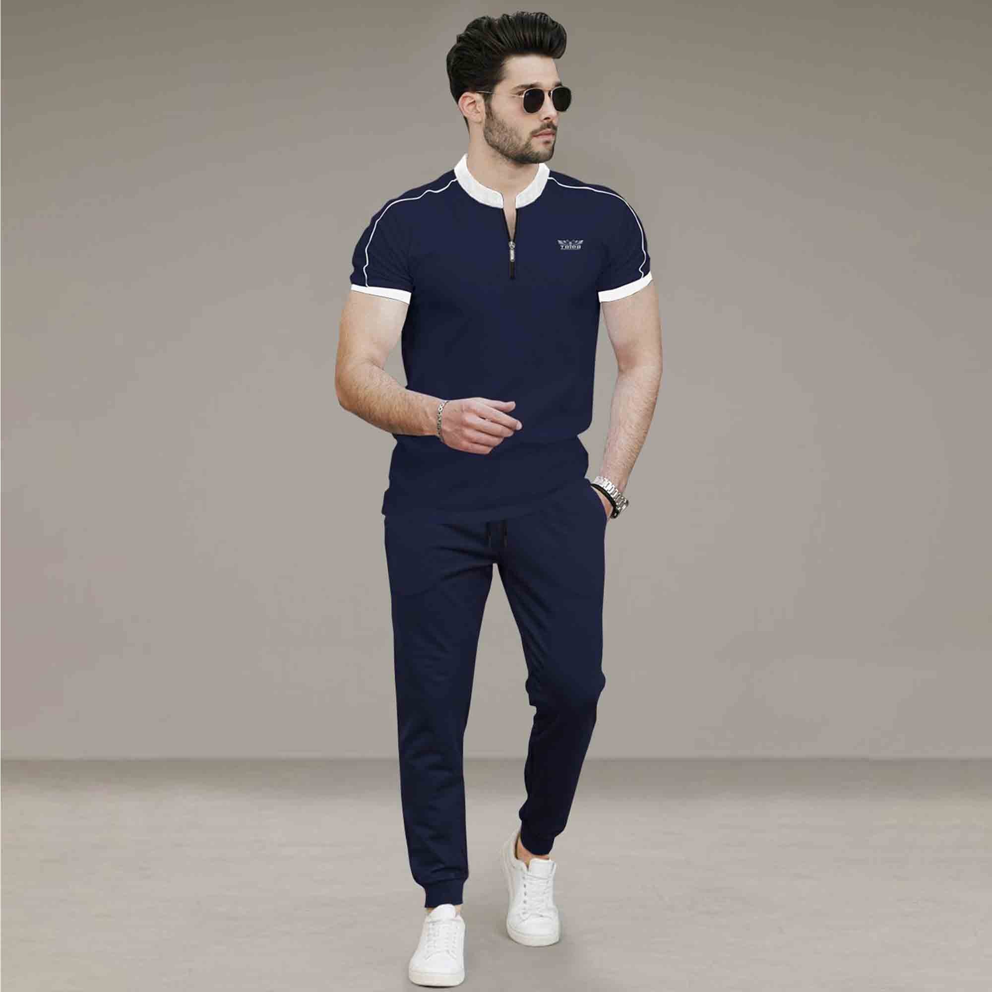 Mens Casual Co-Ord Tracksuit Set with Zip Neck T-Shirt- 11 Variants