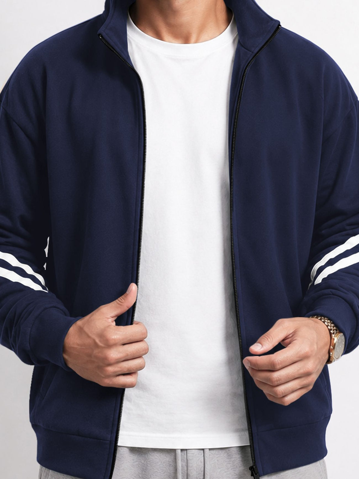 Mens High Neck Color Blocked Winter Jacket Navyblue