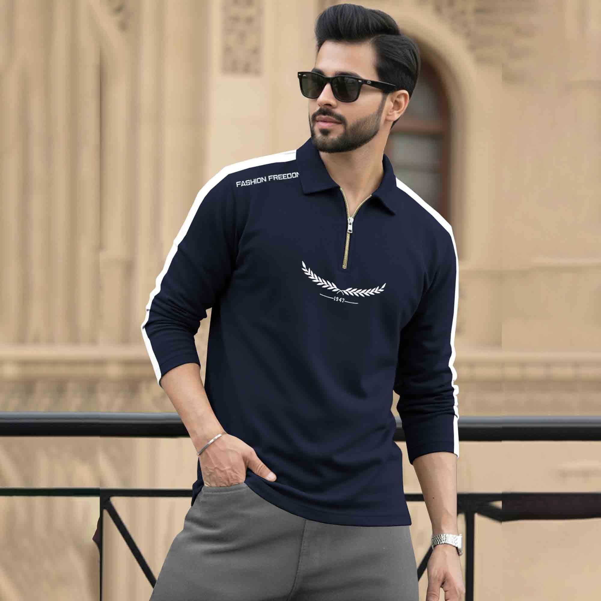 Men Quarter Zip Polo Neck Printed T-SHIRT Navy & White