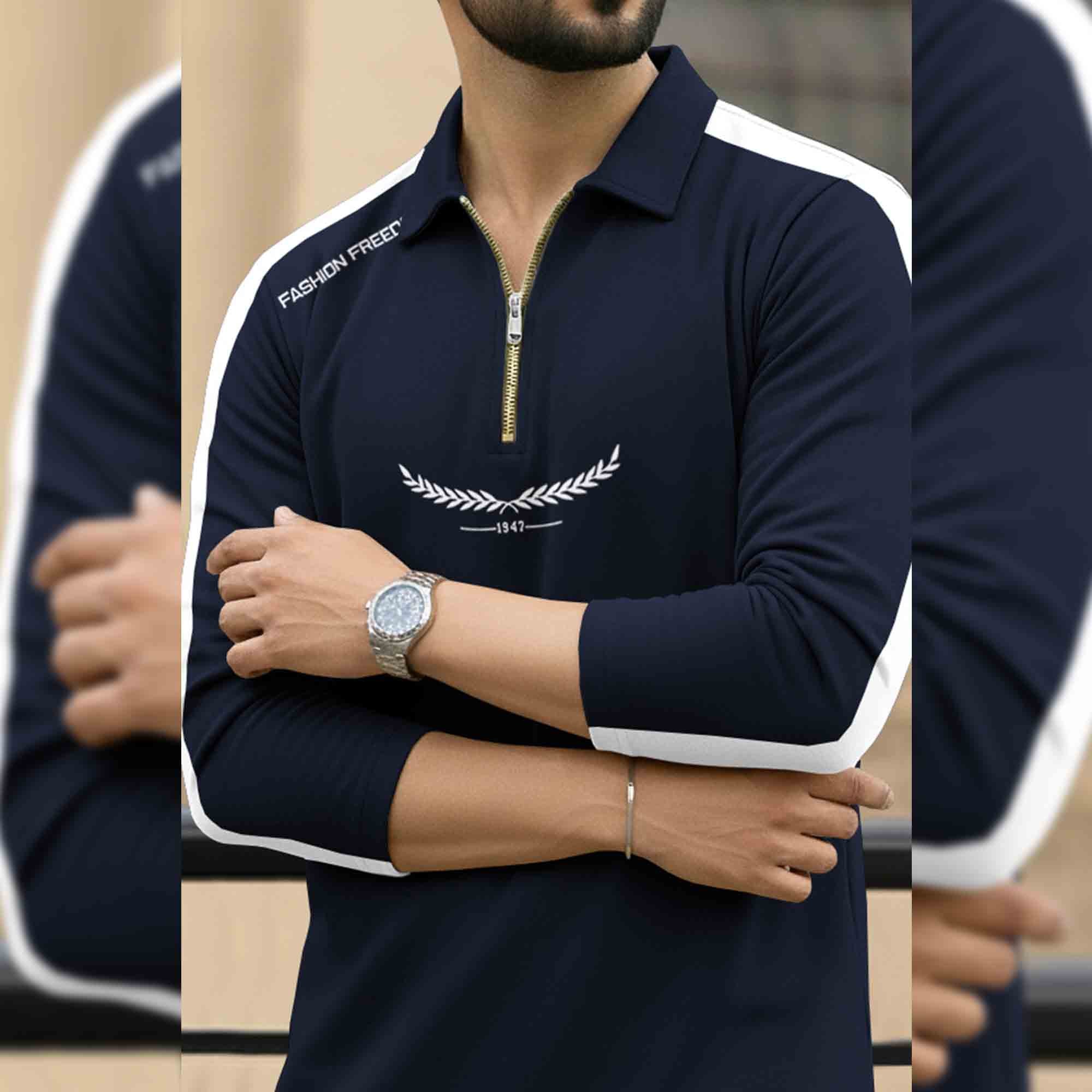 Men Quarter Zip Polo Neck Printed T-SHIRT Navy & White