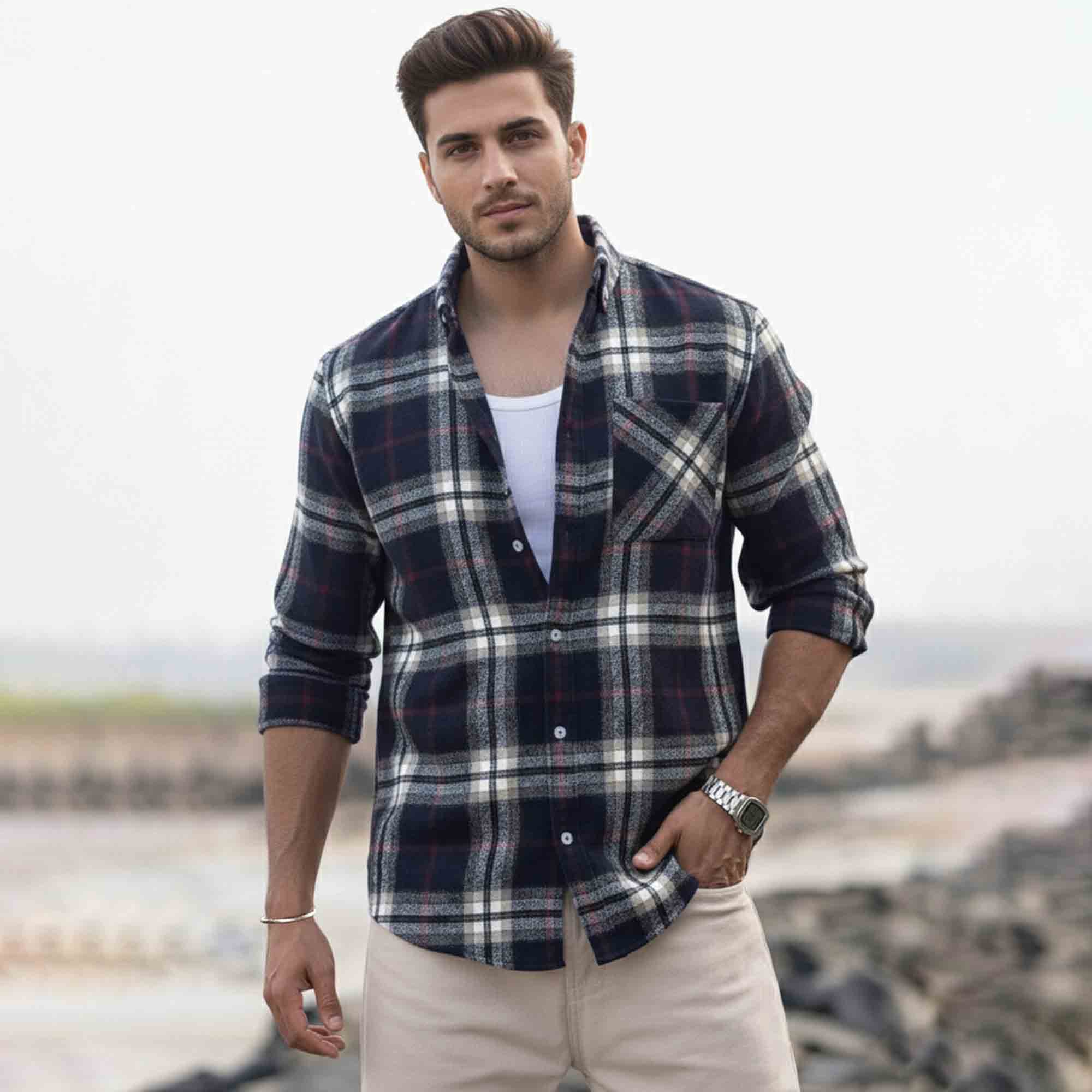 Mens Regular Fit Cotton Checked Shirt Navyblue & White