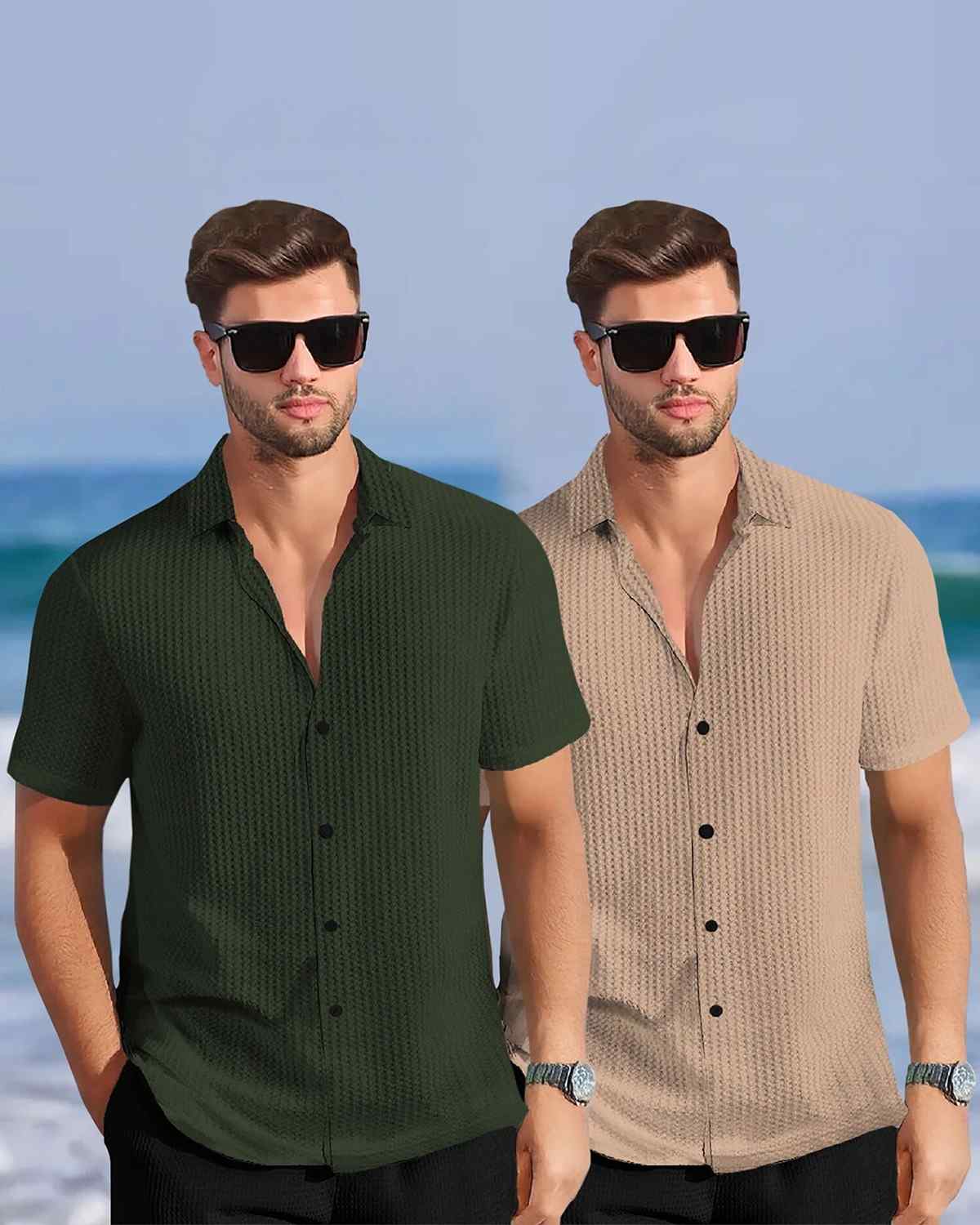 (Pack Of 2) Half Sleeve Plain Olive & Beige Waffle Shirts