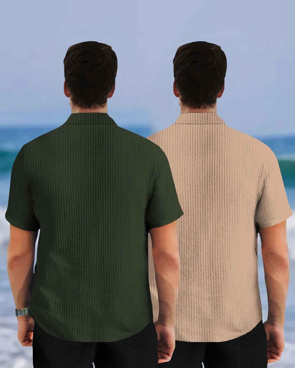(Pack Of 2) Half Sleeve Plain Olive & Beige Waffle Shirts