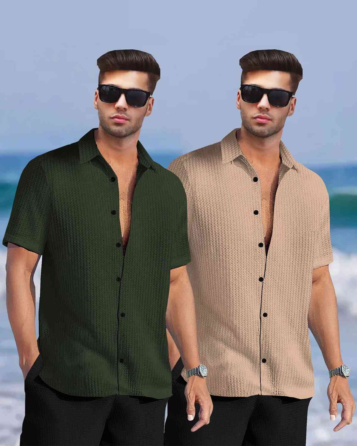 (Pack Of 2) Half Sleeve Plain Olive & Beige Waffle Shirts