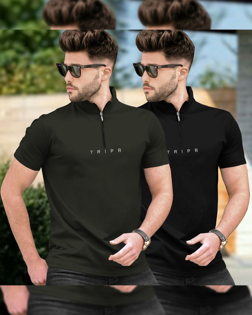 Mens High Neck Half Sleeve Olive & Black T-shirts (Pack Of 2)