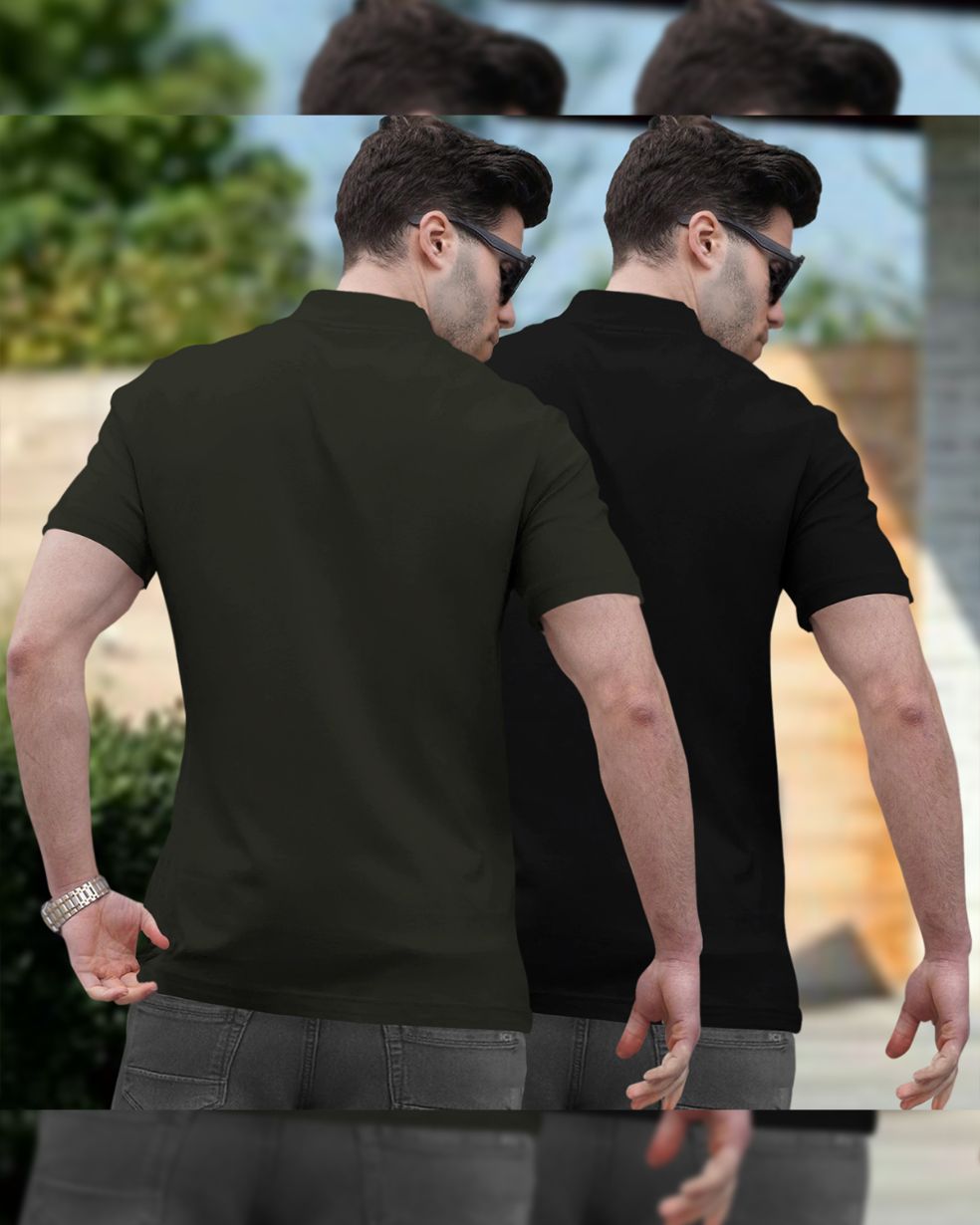 Mens High Neck Half Sleeve Olive & Black T-shirts (Pack Of 2)