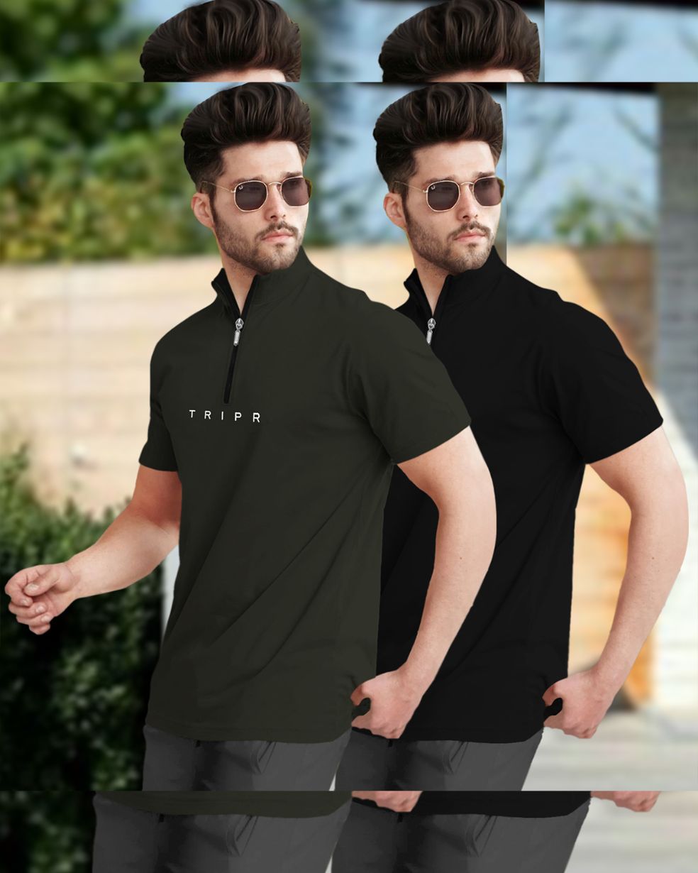 Mens High Neck Half Sleeve Olive & Black T-shirts (Pack Of 2)