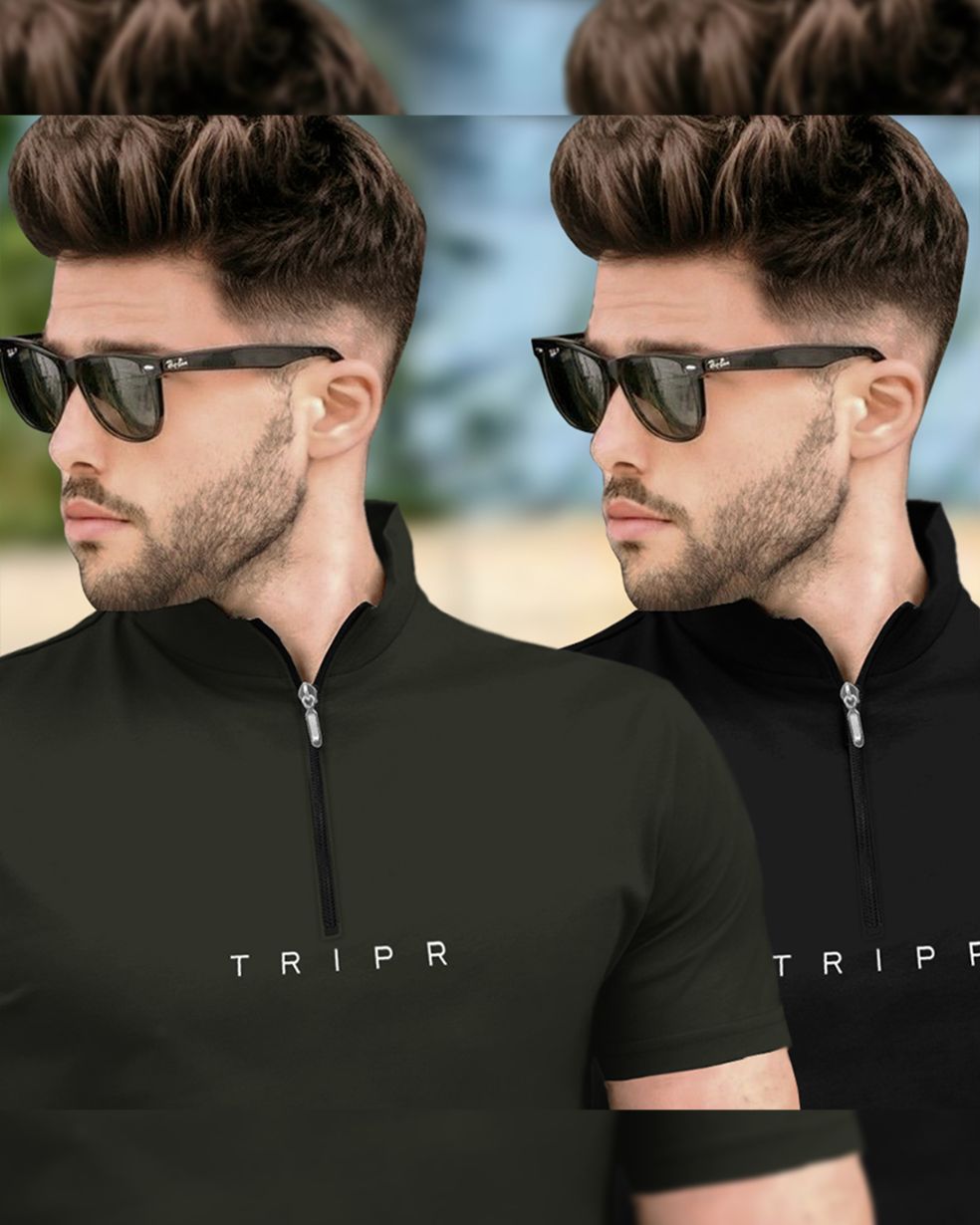 Mens High Neck Half Sleeve Olive & Black T-shirts (Pack Of 2)