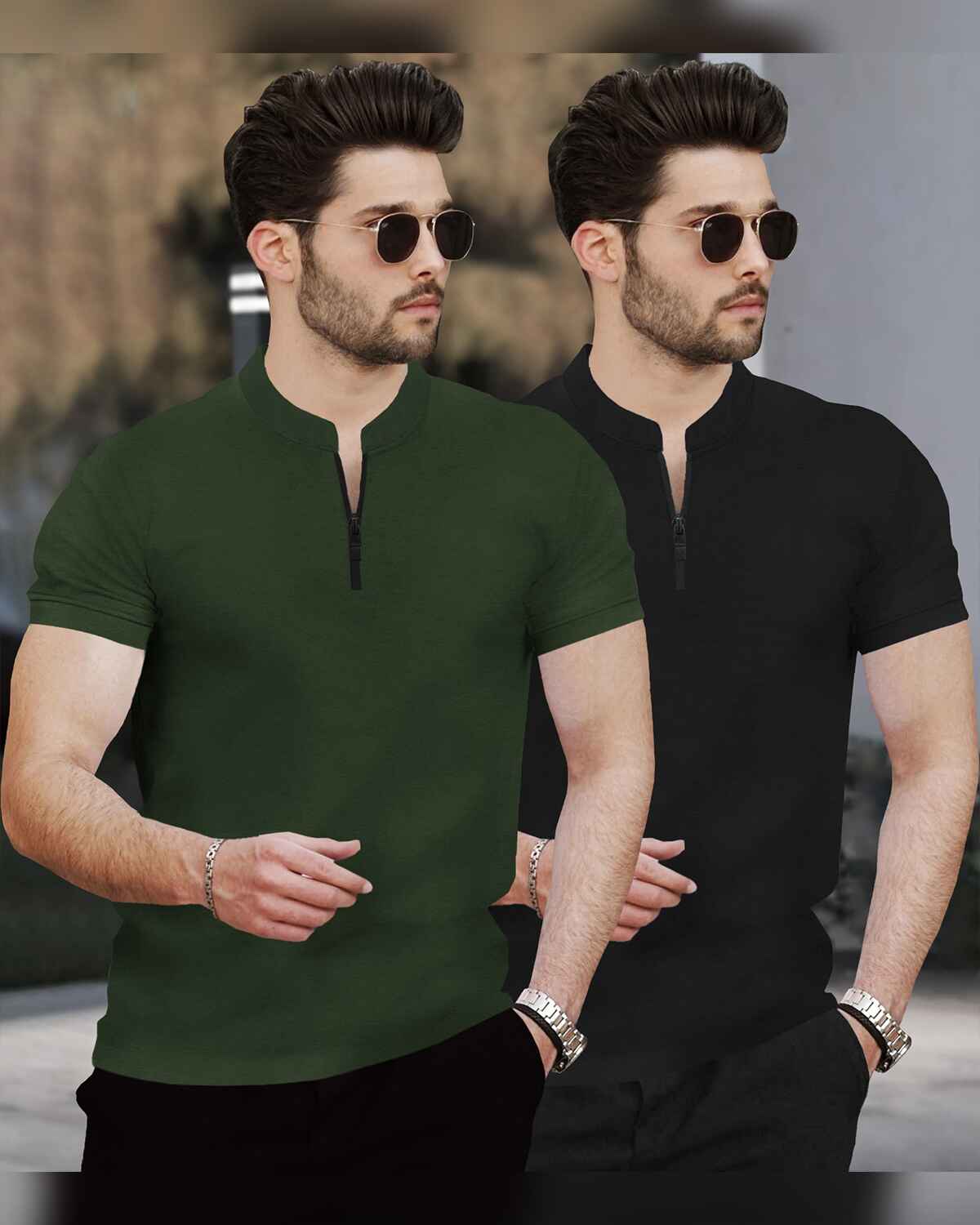 (Pack Of 2) Half Sleeve Men Henley Neck T-shirts Olive & Black