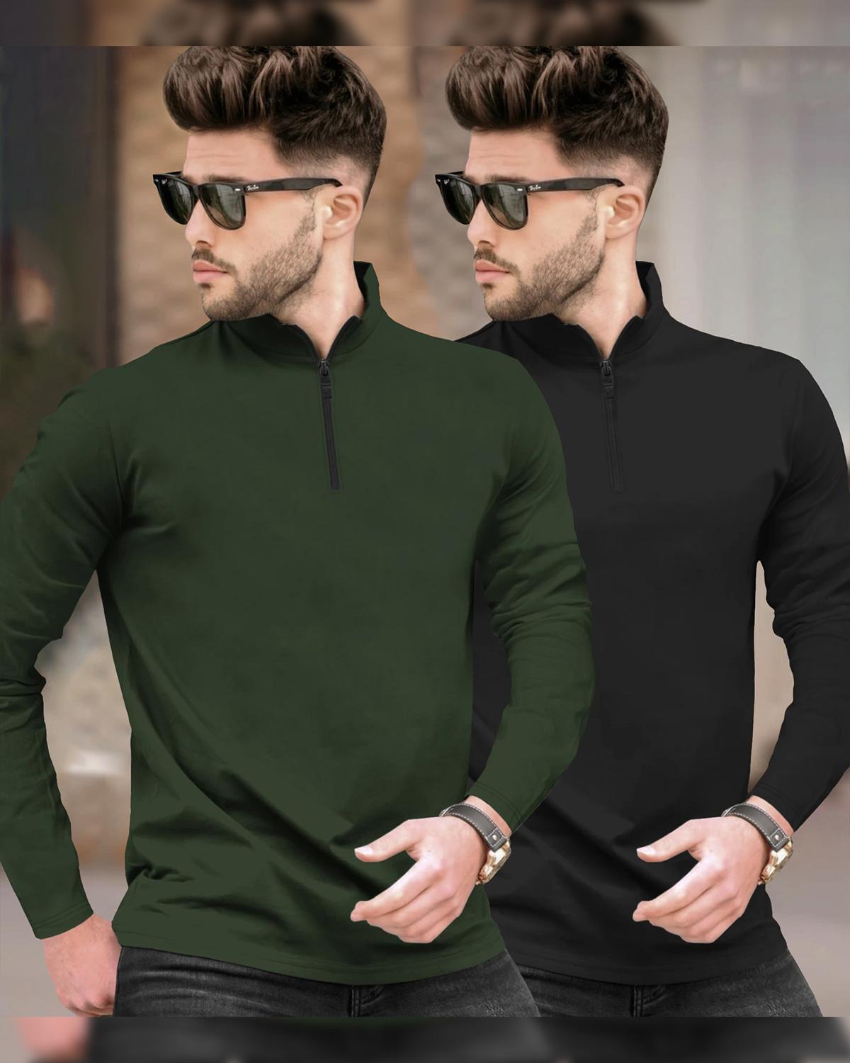 (Pack Of 2) Full Sleeve Men High Neck Plain Olive & Black T-shirts